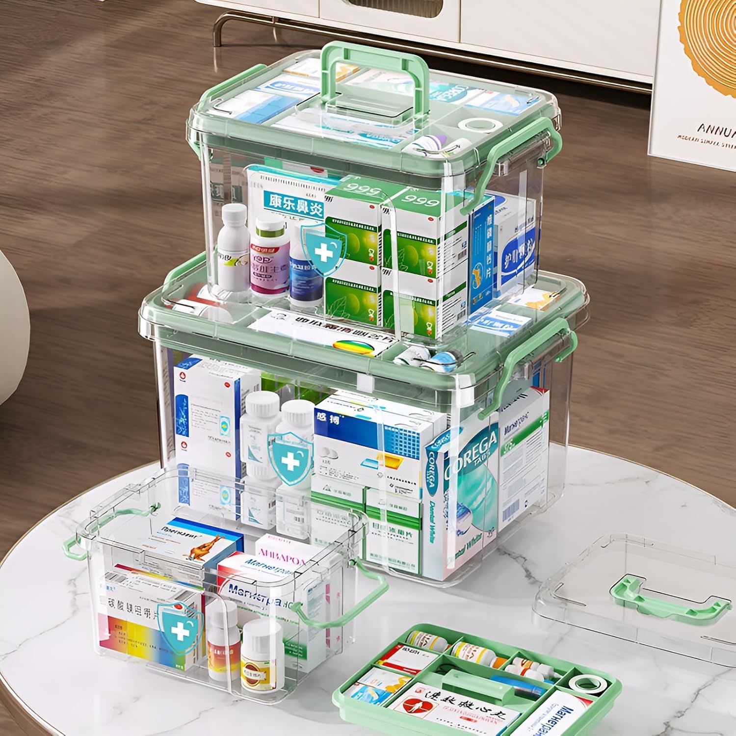 Taylor & Brown Clear/Green Set Of 3 Stackable Medicine Storage Box, Plastic First Aid Container With Insert, Portable Handle Transparent Box With Lid, 2-Layer Multi Grid For Home Office Bathroom Kitchen.