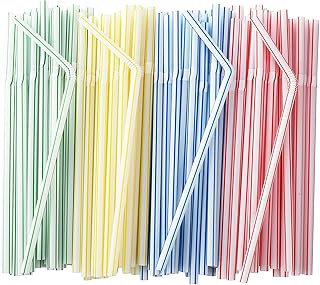 NINU 200-Pack Striped Flexible Drinking Straws, Multi Colored Plastic Disposable Bendy Straws - 7.75 inches x 0.23 inches