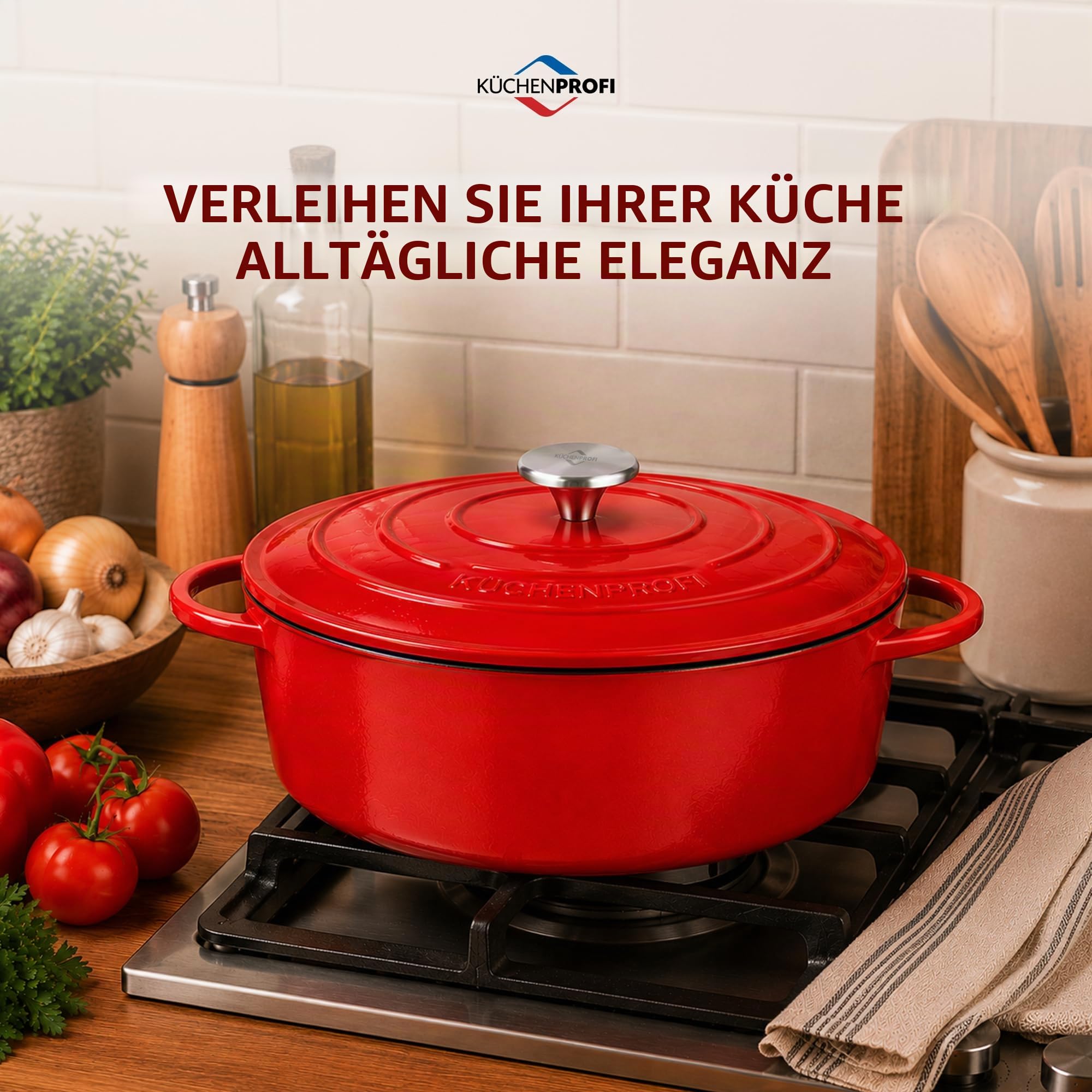 Küchenprofi Bratentopf Provence Oval mit Deckel aus Gusseisen in der Farbe Rot Fassungsvermögen 6L, Maße: 31cm x 12cm, 04 0200 04 31