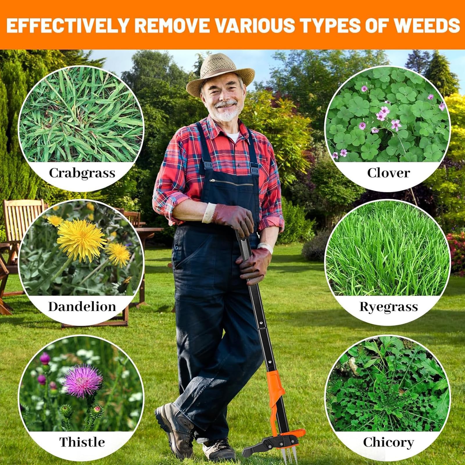 Extracteur de mauvaises herbes – Désherbeur robuste avec poignée de 99 cm, 4 griffes en acier au manganèse et éjection facile – Pas de flexion ni de genoux – Élimine les pissenlits, le trèfle, la