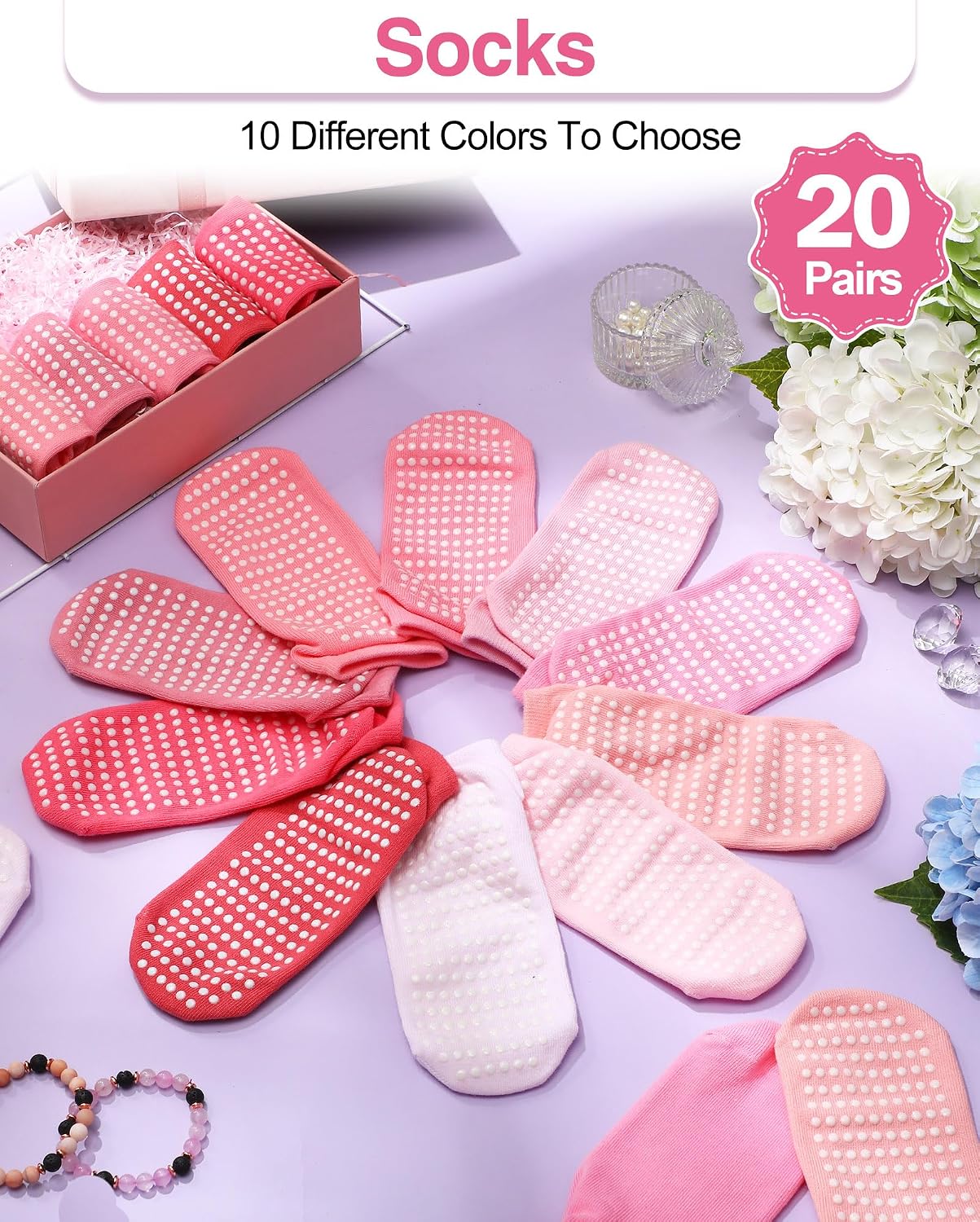 Chuarry 20 Pairs Grip Yoga Socks for Women Non Slip Pilates Socks Bulk Anti Skid Barre Ballet Socks(Pink Series)
