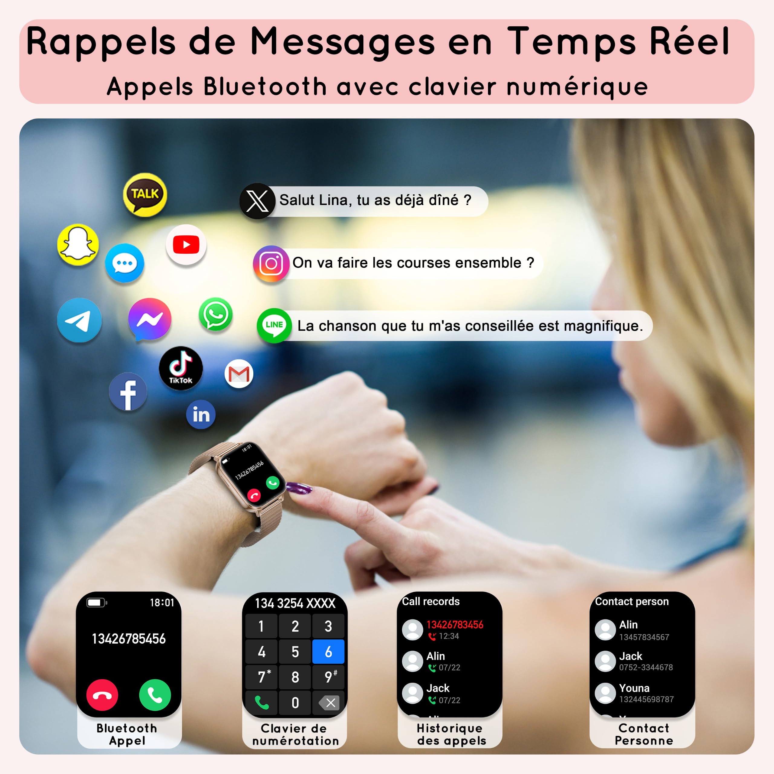 Montre Connectée Femme avec 3 Bracelets 30+ Jour Ultra 1,85" HD Fitness Smartwatch avec Appel Bluetooth/Fréquence Cardiaque/SpO2/Sommeil, 120+ Modes Sportifs,1000mAh pour iOS Android, Or Rose