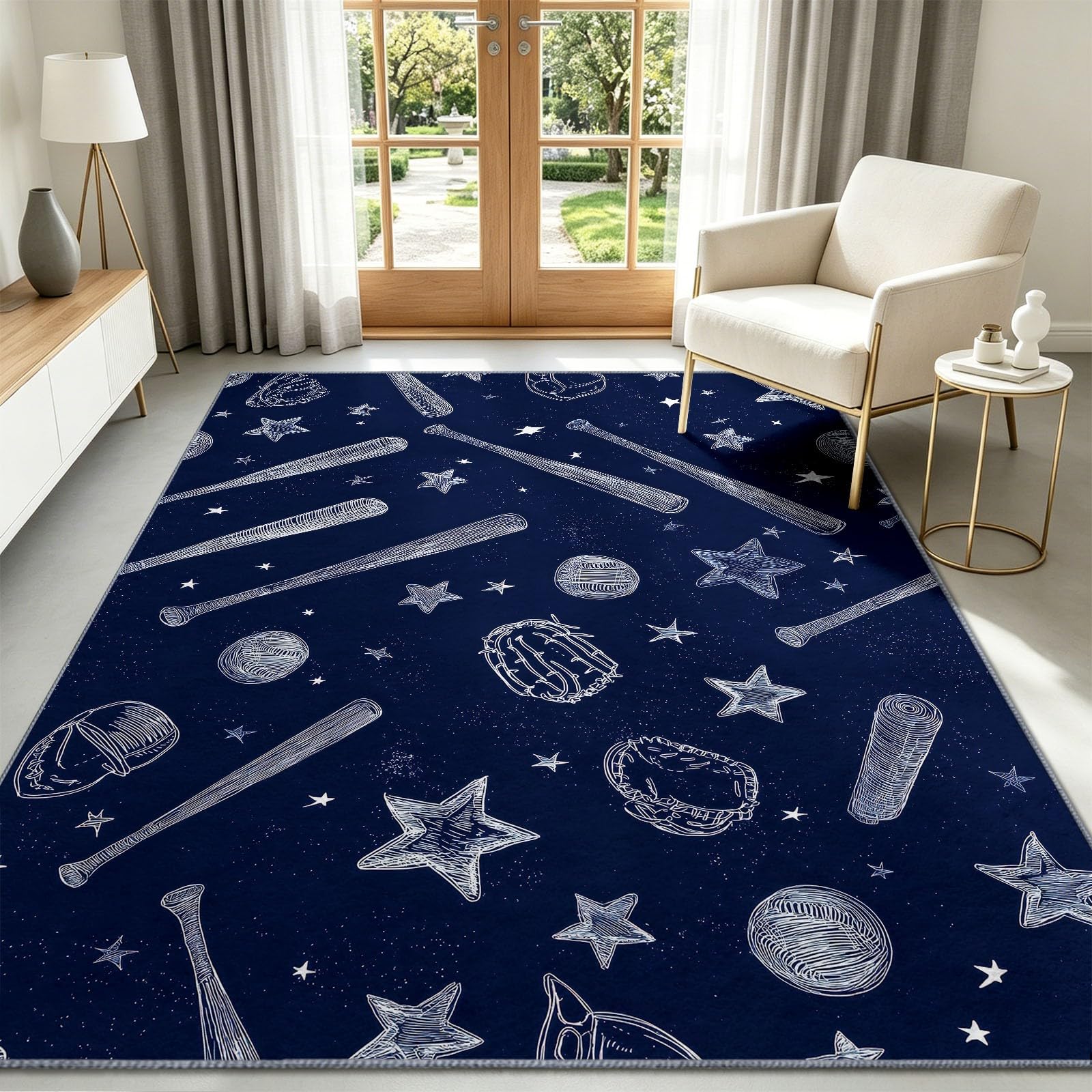 Sports Sketch - Alfombra antideslizante para sala de estar, 180 x 240 cm, alfombra de suelo lavable, diseño de estrella de béisbol