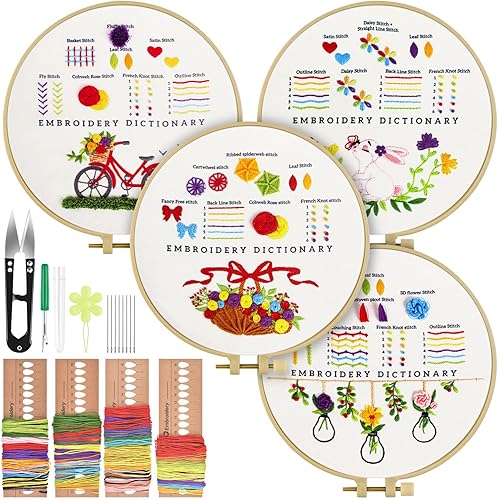 Miniatura 1 de TINDTOP Kit de bordado para principiantes, paquete de 4 kits de práctica de punto de cruz para principiantes, incluye aros de tela de bordado, hilos