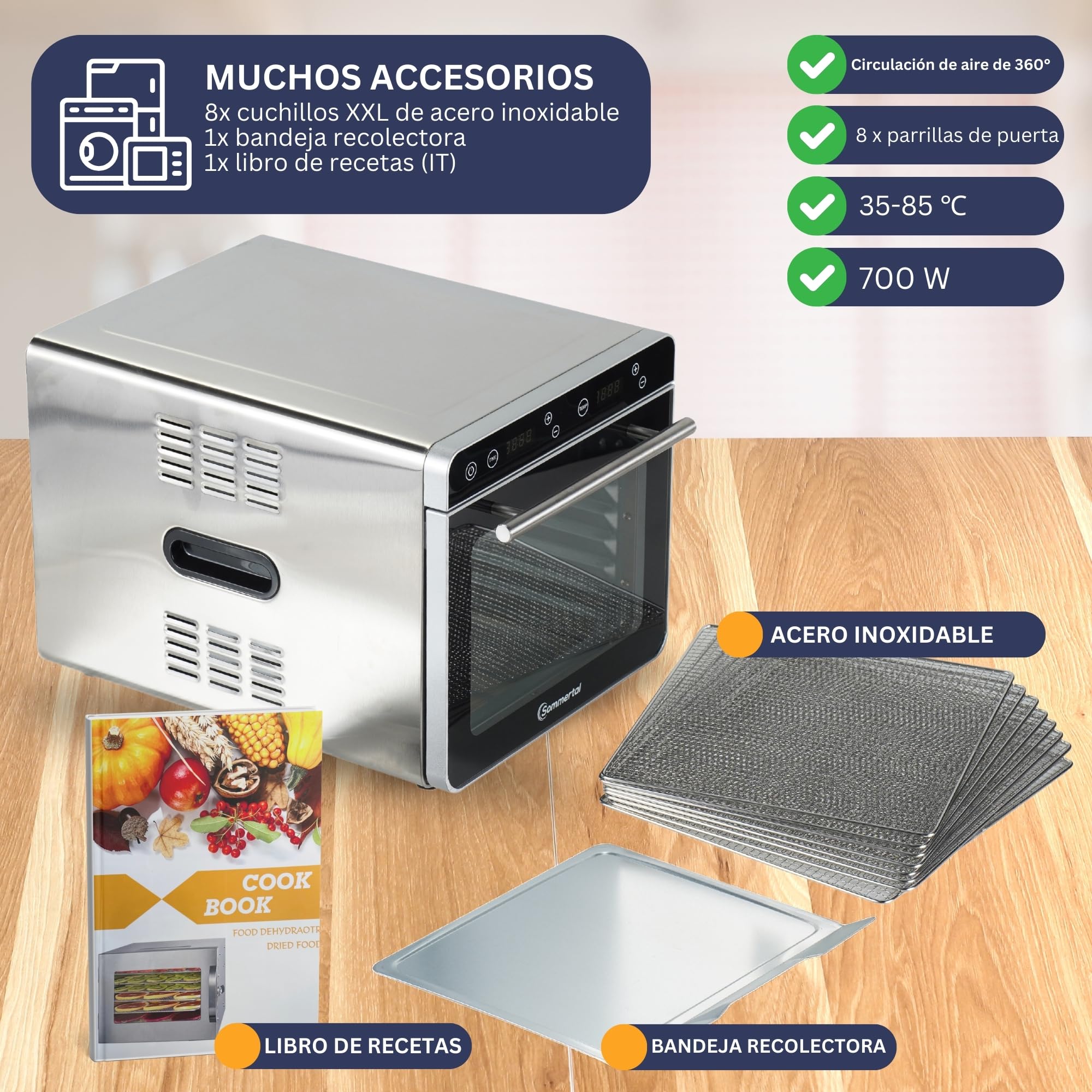 Sommertal Silence 700 XXL - Deshidratador (8 deshidratadores de acero inoxidable, pantalla LED, temporizador de 24 horas, ajuste de temperatura ajustable (35 °C – 85 °C), incluye libro de cocina,