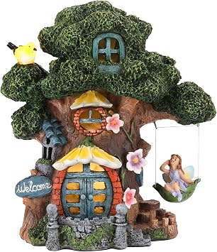 Fairy House Garden Outdoor Decor, Large Garden Gnome House and Fairy Figurines with Solar Lights Waterproof Resin Ornaments Decorations for Patio Yard Lawn