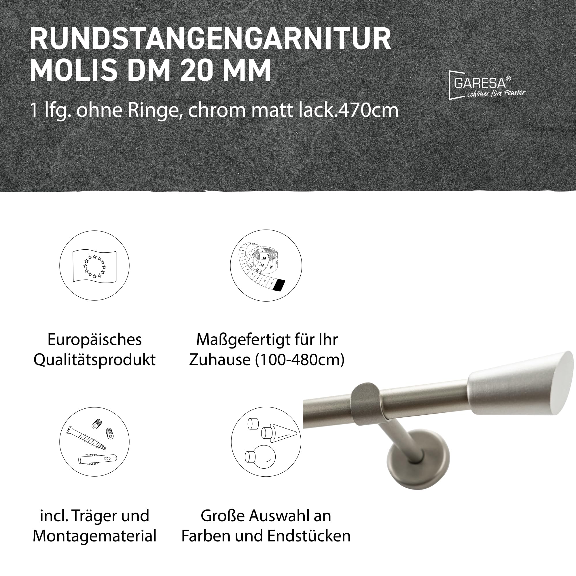 Garesa Gardinenstange Molis Ø 20mm, 1-läufig, Chrom, matt I Stabile Vorhangstange ohne Ringe I Offener Träger mit Endknopf Keil I Auch für mittelschwere Vorhänge I 470cm