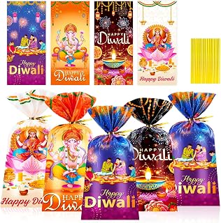 HOWAF 100pcs Happy Diwali Cellophane Bags, Festival of Lights Candy Bags with Twist Ties for Diwali Rangoli Party Supplies, Indian Deepavali Plastic Goodie Bags for Diwali Decorations