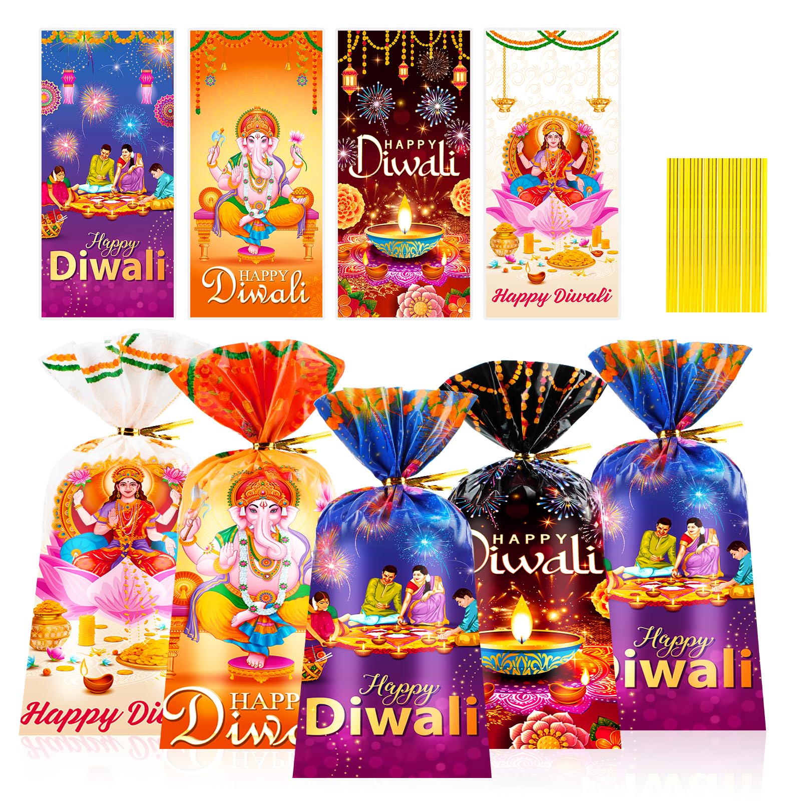 DPKOW 100pcs Diwali Gift Bags Happy Diwali Party Cellophane Bags Deepavali Party Favor Supplies, Rangoli Diya Goddess Lakshmi Deepavali Treats Bags with Gold Twist Ties, For Home Decor