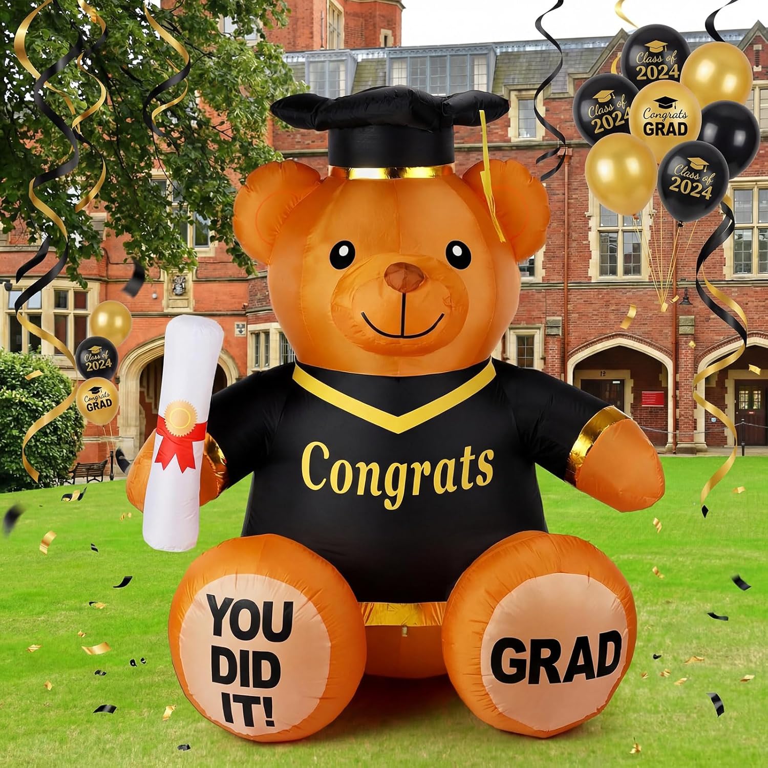 6 FT 2026 Graduation Inflatable Bear Decoration with Built-in LED Lights Black and Gold Giant Congrats Grad Bear Blow up for Graduation Ceremony Party Indoor Outdoor Garden Yard Decor