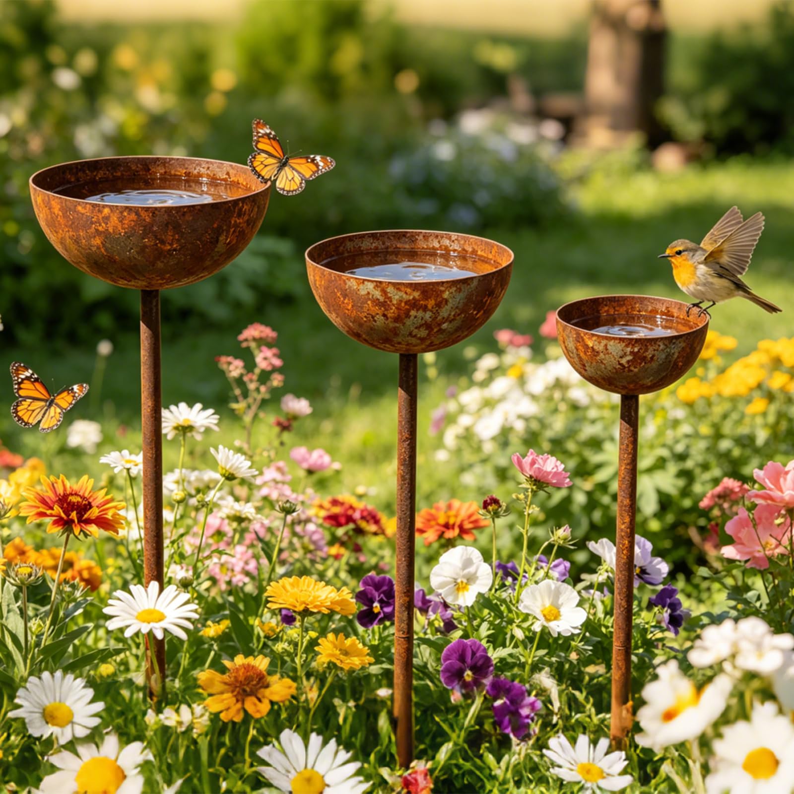 Vintage Freestanding Rain Catcher Stake, Bird Bath Metal Stake 3 Pack for Outside, Metal Water Bowl with Ground Stakes, Rainwater Collector & Garden Decor for Outdoor Yard Lawn Landscape