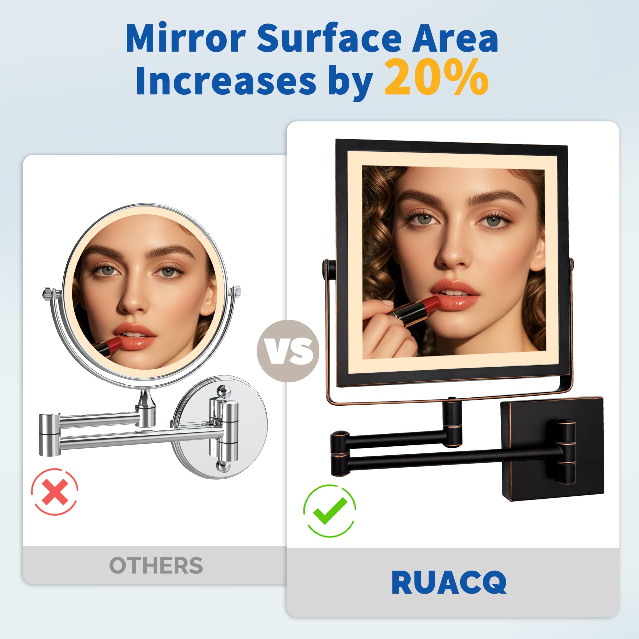 Ruacq Espejo de maquillaje montado en la pared, espejo de tocador de doble cara con aumento 1X/10X, extensión de rotación de 360°, brazo plegable (bronce aceitado)