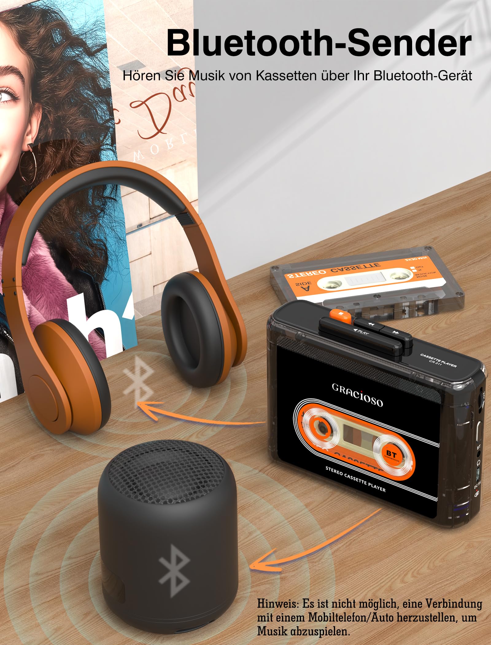 Gracioso Kassettenband, Bluetooth-Kassettenspieler mit 1100 mAh wiederaufladbarem Akku, kompakter Vintage-Kassettenspieler mit 3.5mm Kopfhörer, Mini-Kassettenrekorder mit Clip (Schwarz)
