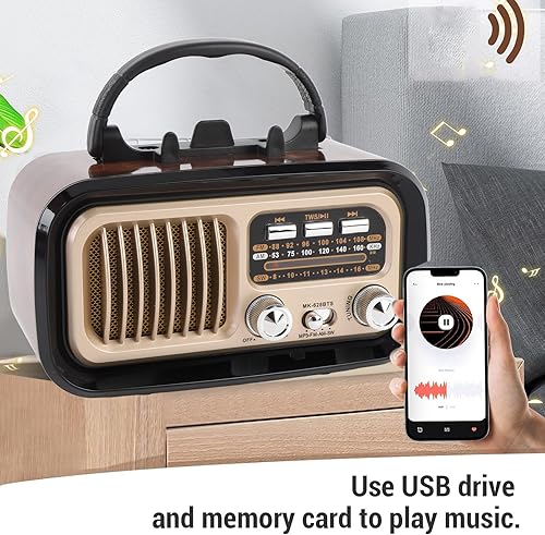 Miniatura 2 de Radio retro AM FM SW Bluetooth, radios de transistor vintage portátiles con altavoz y antena retráctil, TWS, solarfunciona con bateríarecargable,