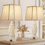 Lamps for Night Stands Set of 2-23.5" Vintage Bedside Lamp with USB A+C and Nightlight - Black Retro Carved Resin Farmhouse Table Lamp for Bedrooms, End Tables, Living Room, Bulbs Included