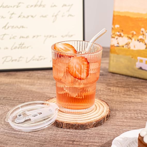 13oz/400ML Glass Tumbler with Straw and Lid Ribbed Vertical Ice Coffee Cups Sealed Carry on for Coffee Iced Tea, Thick Wall Glassware Tumbler Water Glass