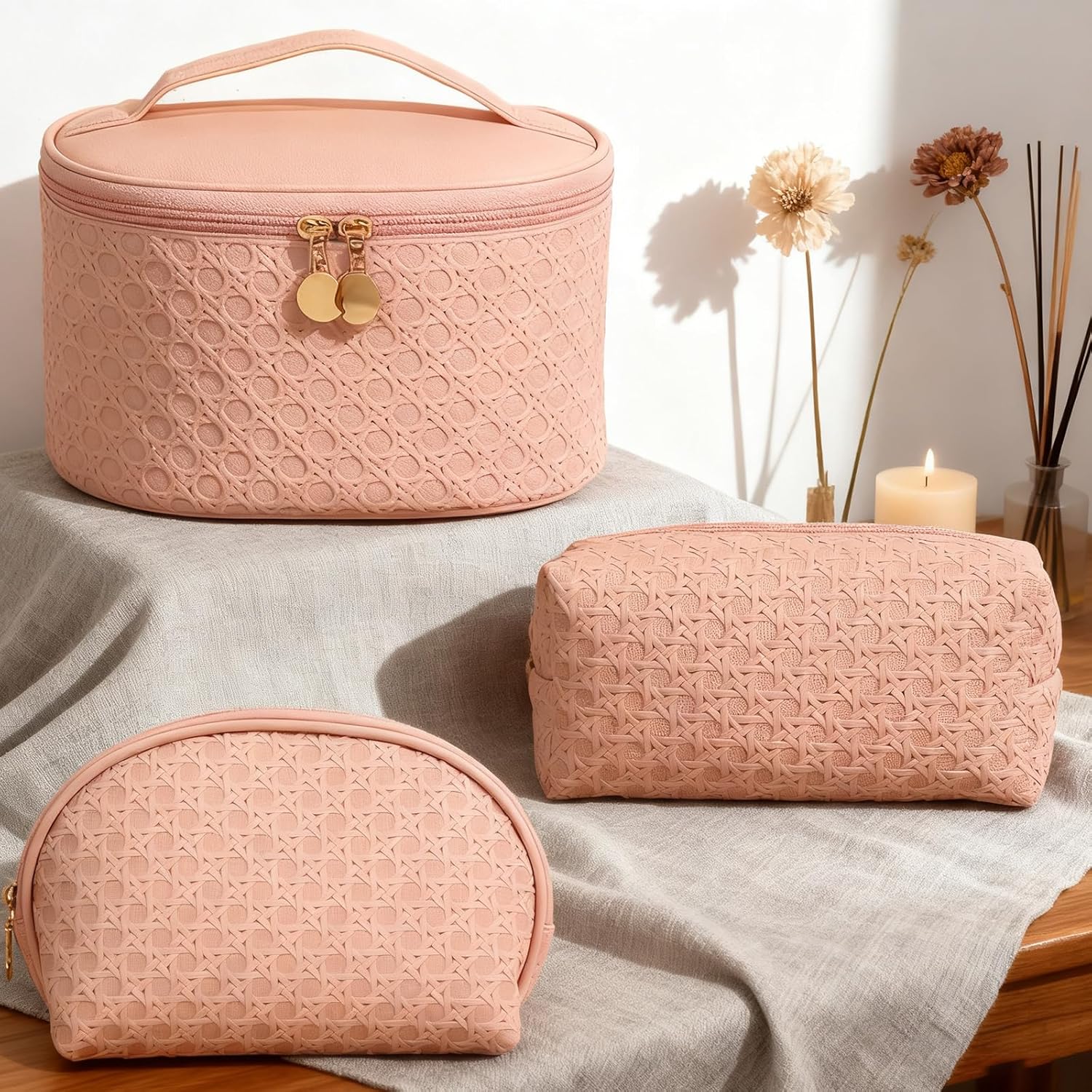 Woven Makeup Bag, Water-Resistant Cosmetic Organizer with Handle, Large Capacity Easy-Clean Travel Toiletry Bag, Soft PU Skin Makeup Pouch for Women