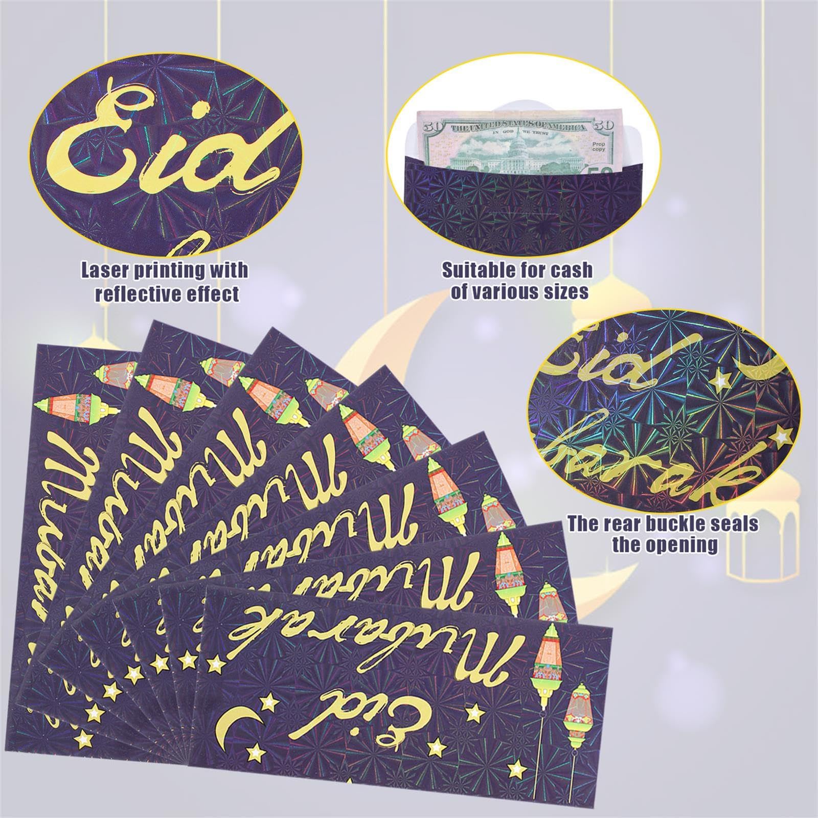 18 Pack Eid Mubarak Money Envelopes 7 x 3.1 Inch Eid Al-Adha Gift Cards Ramadan Kareem Greeting Cards for Muslim Holidays Party Decorations