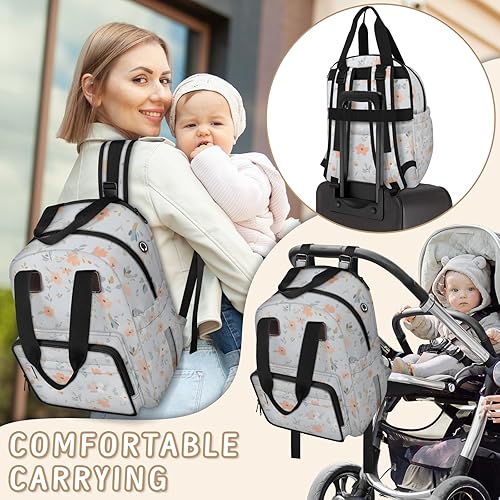 Miniatura 7 de Bolsa de pañales de flores pequeñas y simples Mochila-Bolso multifuncional para madre y bebé Compartimiento térmico Puerto de carga USB Gran