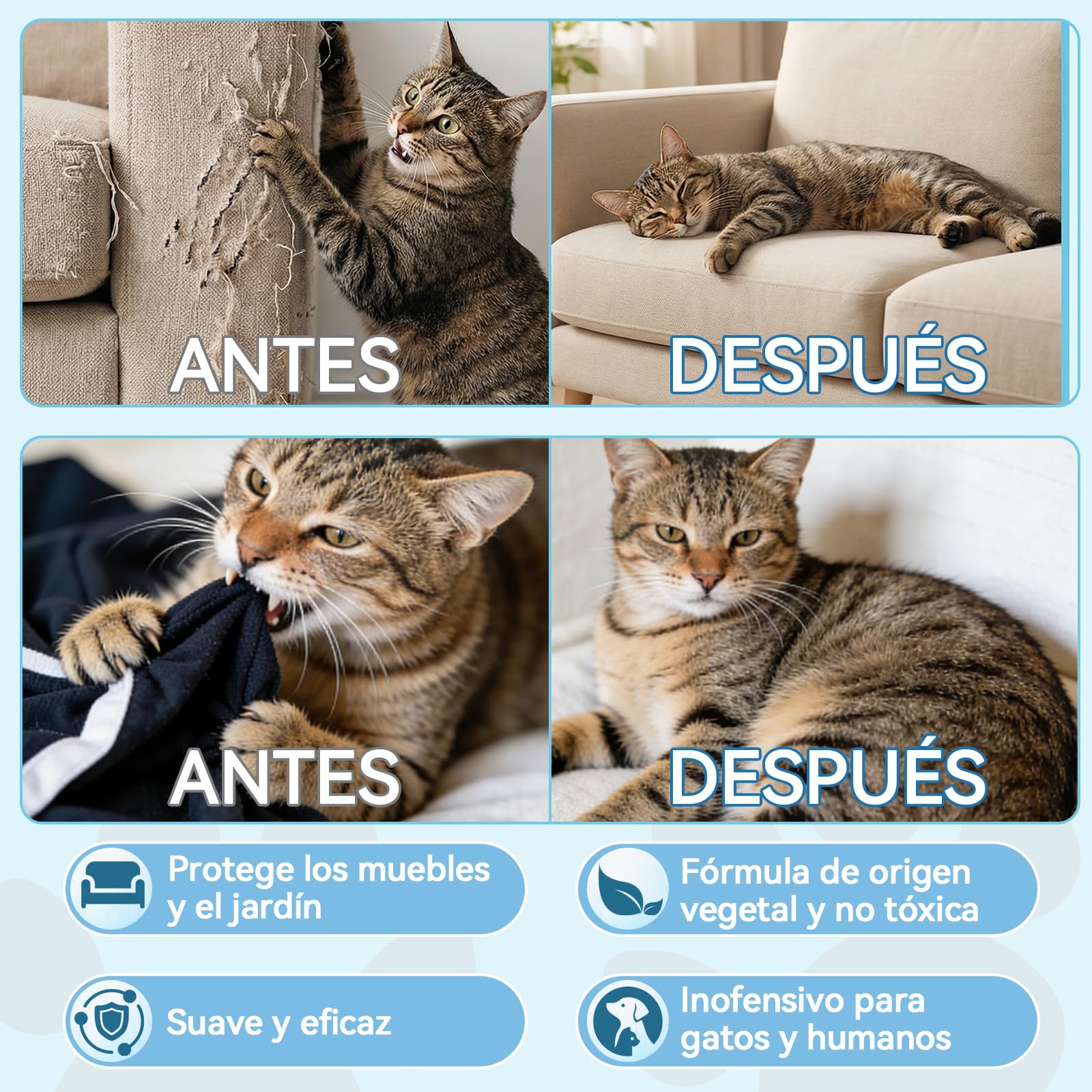 Spray repelente para gatos, Repelente para gatos y ahuyentador de gatos natural, Eficaz ahuyentador de gatos para interiores y exteriores, Spray que ahuyenta a gatos y protege muebles, jardín y sofá