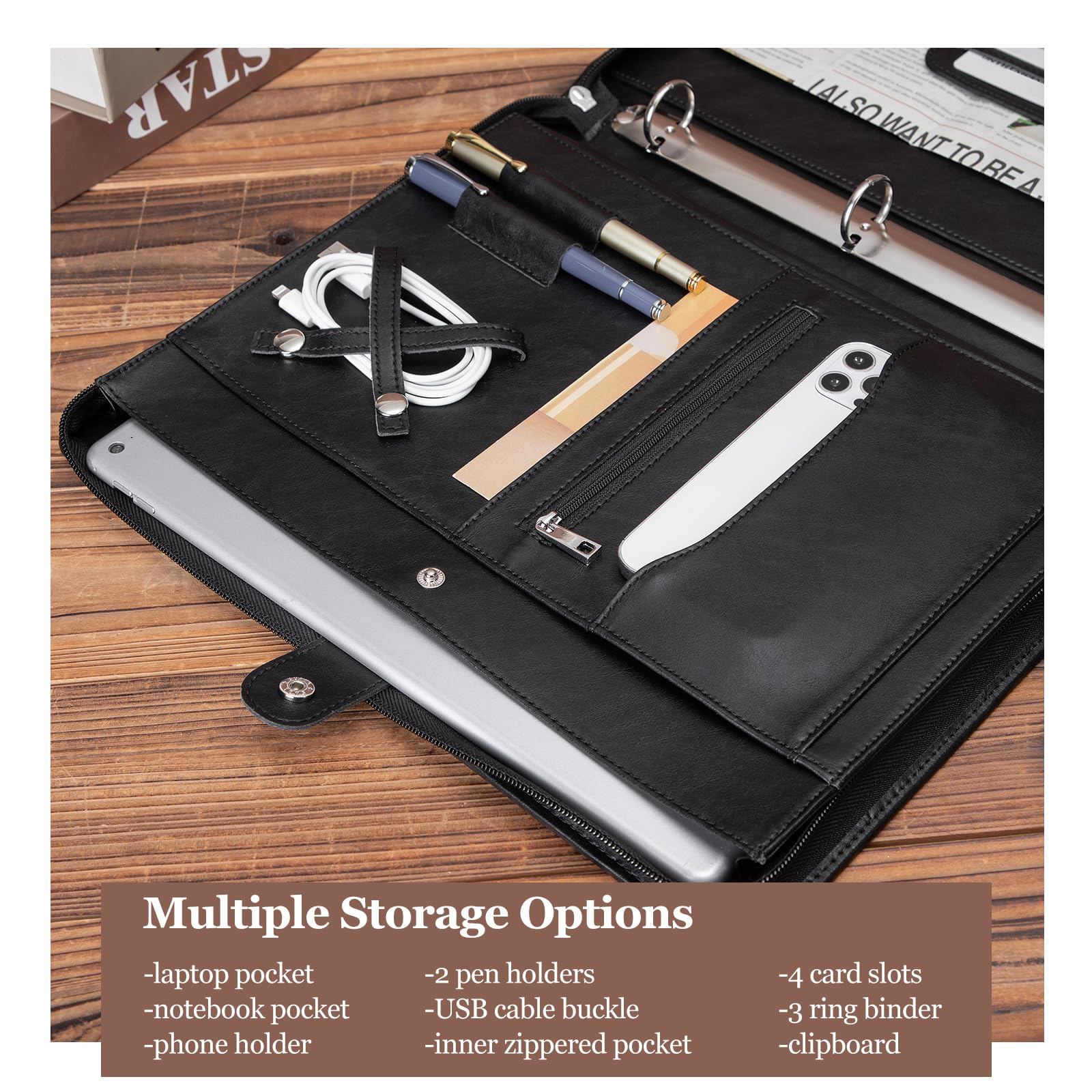 Portadocumenti professionale in pelle vegana a 3 anelli con porta blocco, maniglia nascosta, cerniera 21,6 x 27,9 cm, organizer professionale per uomini e donne, nero