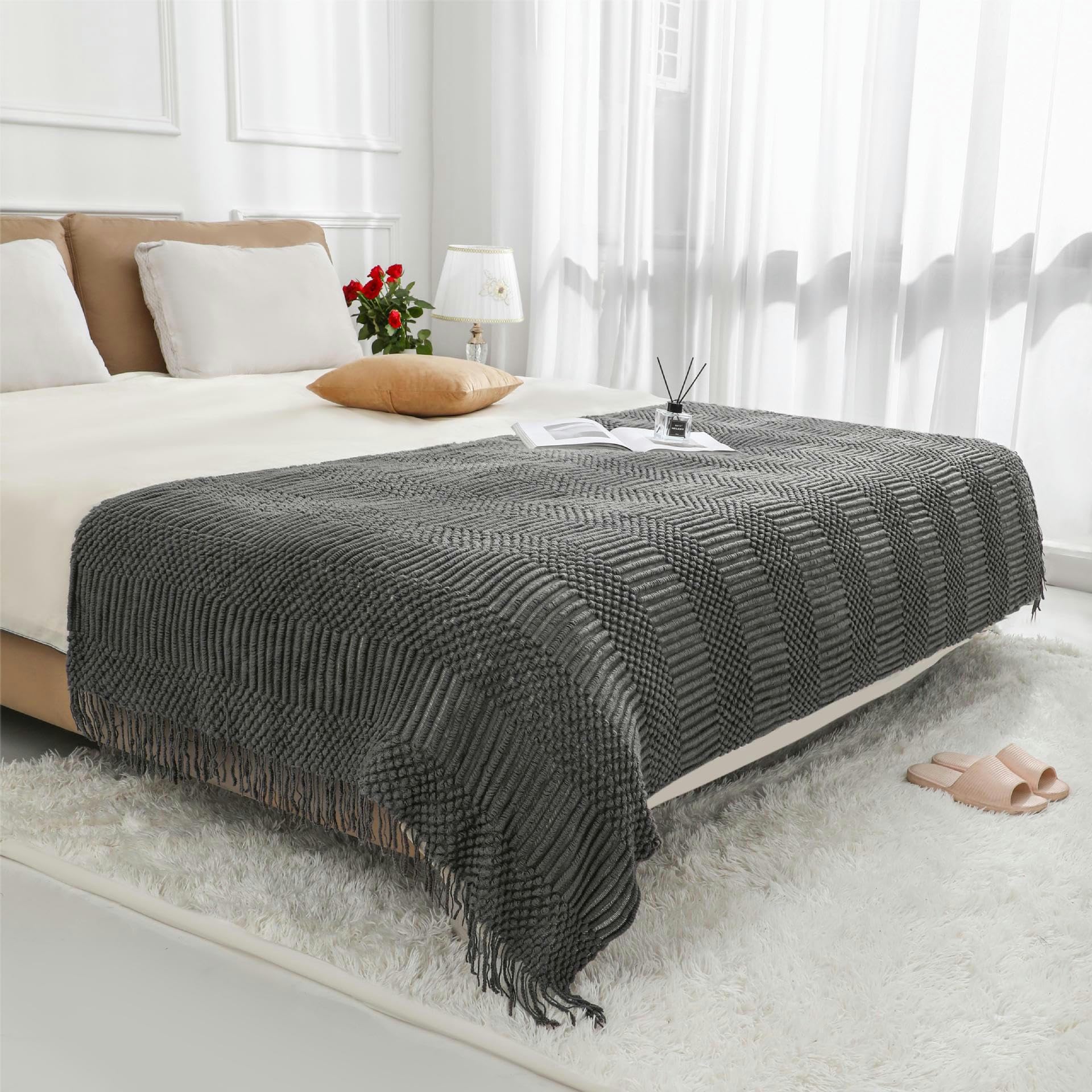 Grobgestricktes Bettläufer- und Schal-Set, weich und warm, gestreiftes Design für Hotel, Schlafzimmer, Gelb, 130 x 220 cm