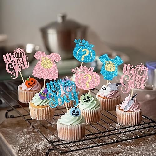 Miniatura 6 de Gyufise 24 piezas de calabaza Oh Baby Cupcake Toppers naranja con purpurina temática de otoño, selecciones de cupcakes con temática de calabaza para