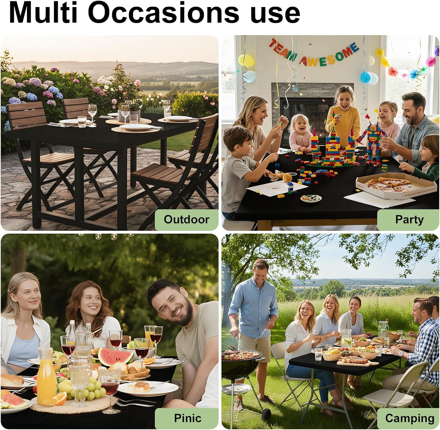 Smiry 3 Pack Rectangle Table Cloth, Elastic Fitted Flannel Backed Vinyl Tablecloths for 6ft Folding Tables, Waterproof Wipeable Table Covers for Indoor, Outdoor, Camping and Picnic (Black, 30"x72")