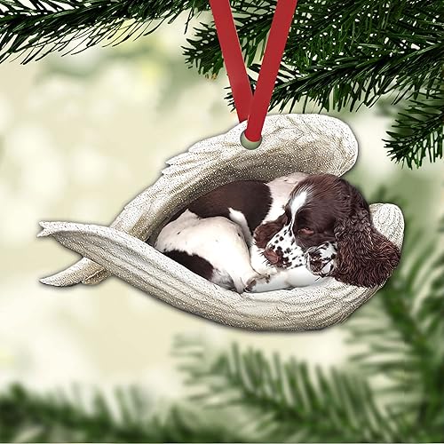 Miniatura 6 de Talataca Springer Spaniel inglés Sleeping Angel Wing Memorial Dog 2D Flat Car Espejo retrovisor Accesorios Árbol de Navidad Decoración Colgante