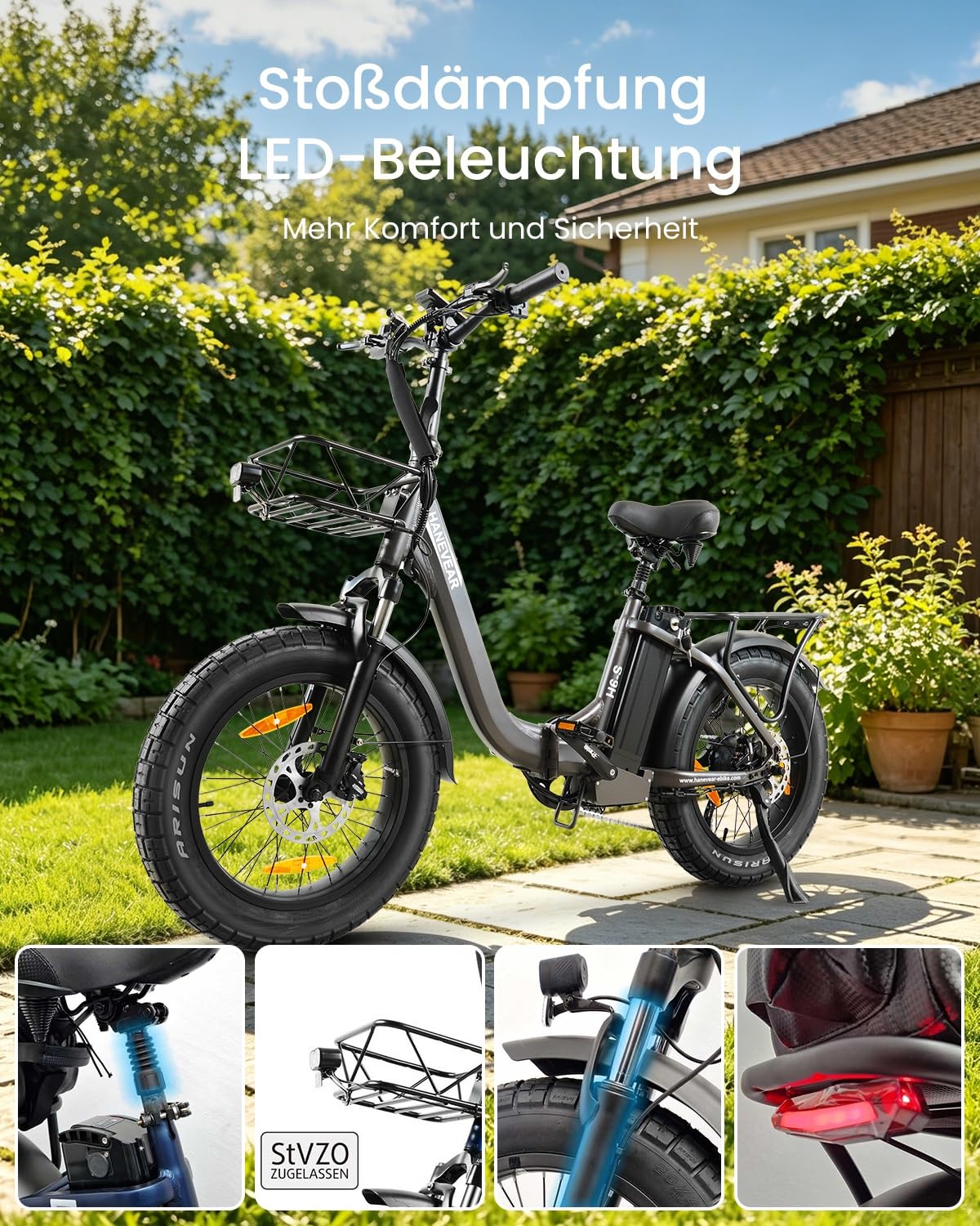 HANEVEAR Elektrofahrrad E Bike Klapprad mit 24Ah/48V Lithium-Akku | bis zu 140km, Fatbike Ebike mit Hydraulische Bremse, 250W 65Nm Heckmotor, Elektrofahrrad für Erwachsene