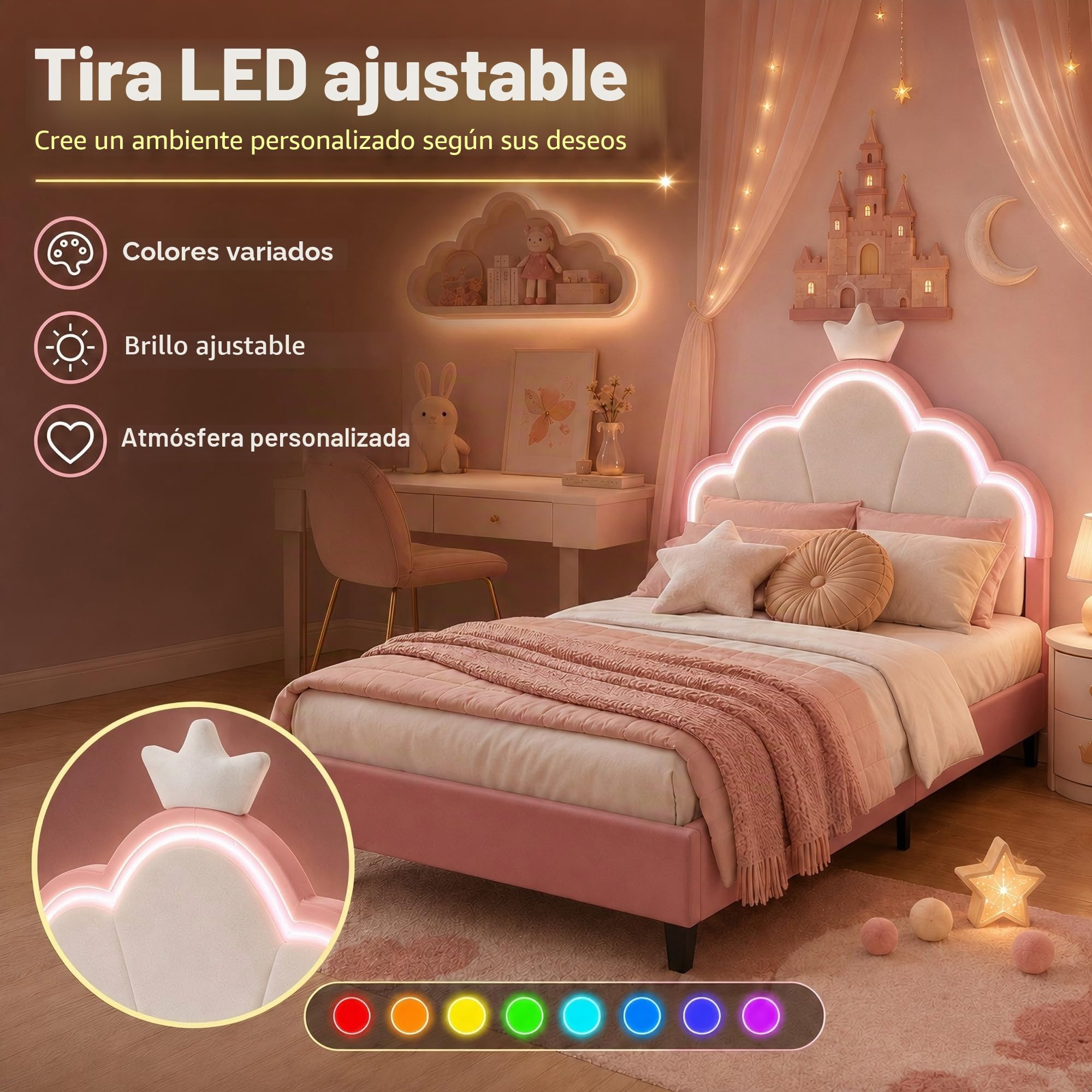 Cama infantil acolchada 90 x 200 cm, cama individual para niña con iluminación LED y somier de láminas, cabecero ajustable en forma de corona, terciopelo, rosa, sin colchón (rosa, 90 x 200 cm