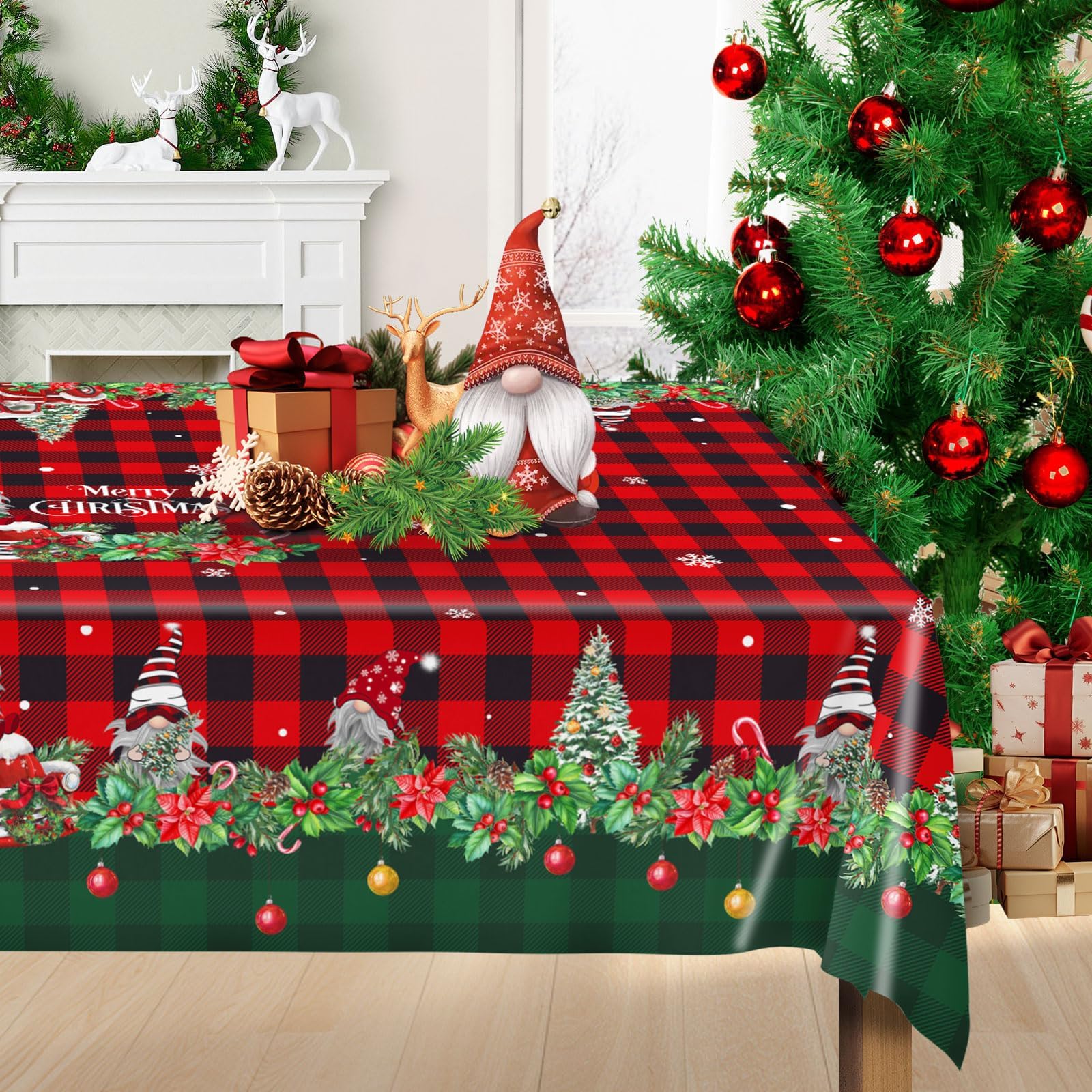 Christmas Table Cloth Rectangular Tablecover - 140×180CM Merry Xmas Polyester Oblong Party Dining Tablecloth Red and Green Tartan Plaid Holly Tree Gnome Truck Snowflake Washable Fabric Decor(1 Pcs) — image 1