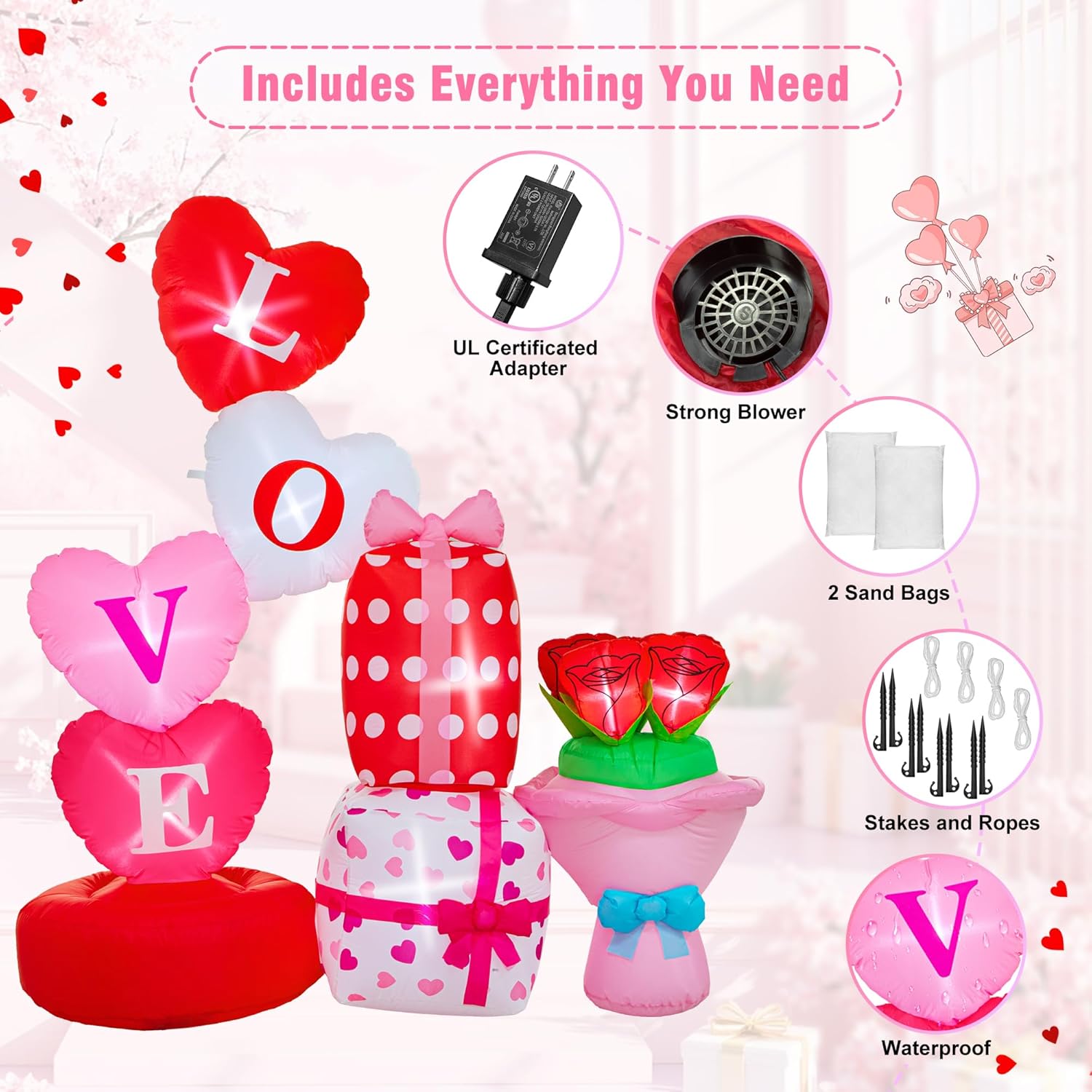 Valentine Inflatables Outdoor Decorations 6 FT Valentine's Day Inflatable Love Gift Box Bouquet Blow Up Decor with LED Lights for Yard,Lawn,Garden Romantic Gifts