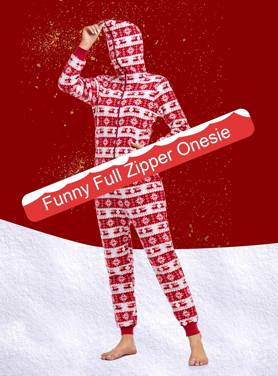 COLORFULLEAF Christmas Onesie Pajamas Adult Family Couples Matching Plaid Hoodie Suit Zipper Fleece Pj For Women and Men - Image 3