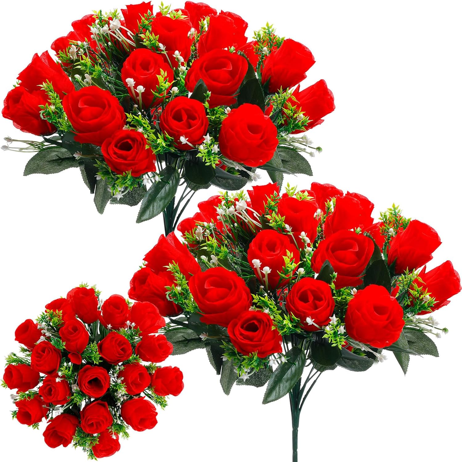 Riceshoot 2 Bouquets Cemetery Flowers for Grave Memorial 18 Heads Artificial Flowers Cemetery Day Silk Grave Faux Roses Arrangements for Valentine's Day Headstones Tombstone Decor(Red)