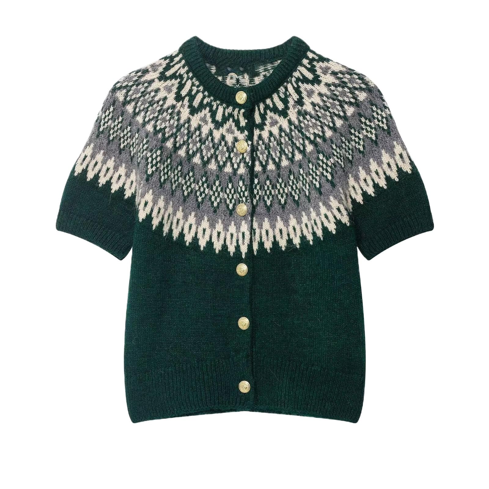Winter Womens Floral Jacquard Knit Cardigan Coat Short Sleeve Round Neck Button Front Retro Style