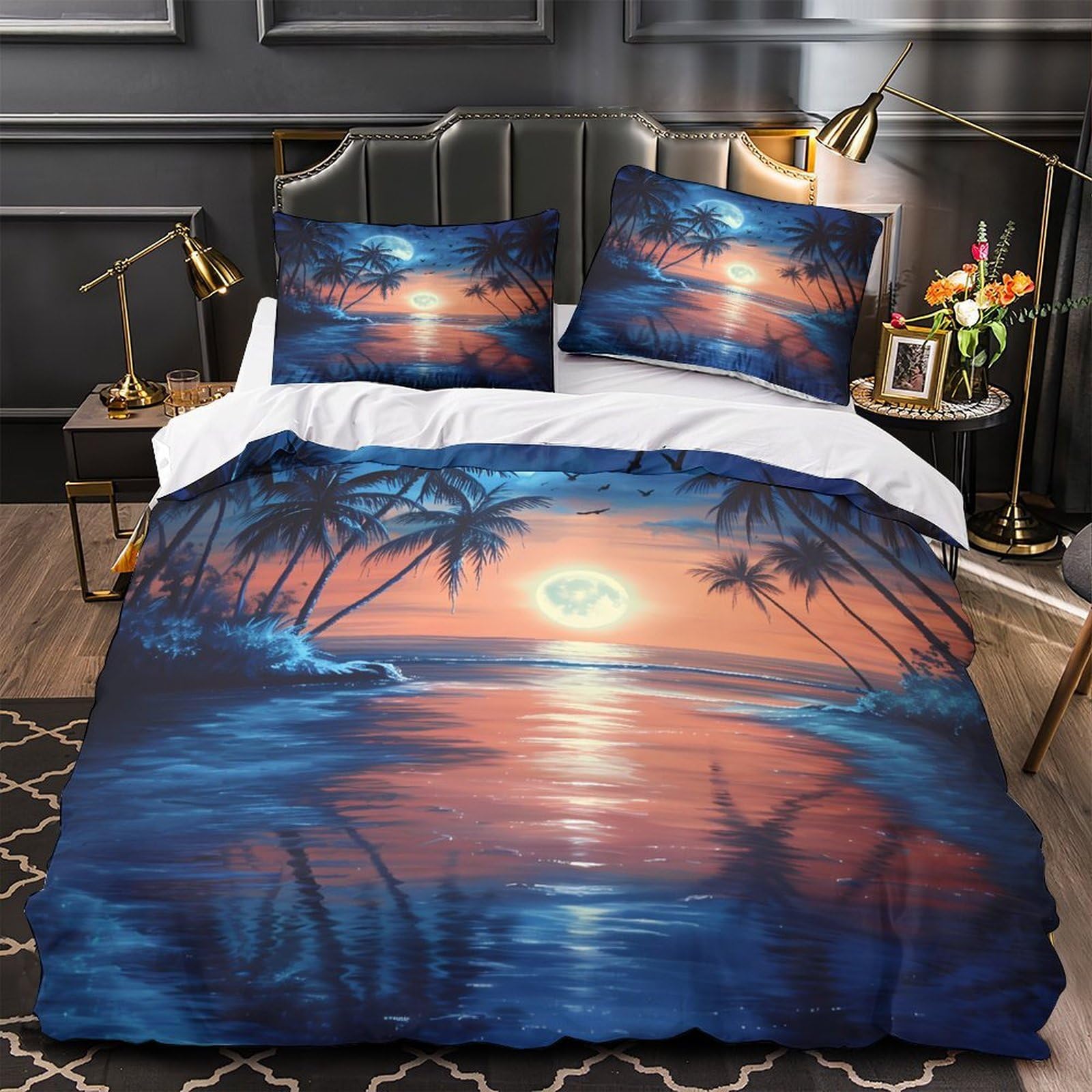 Housse de couette lune et île tropicale pour une déco de chambre adulte relaxante et évasion