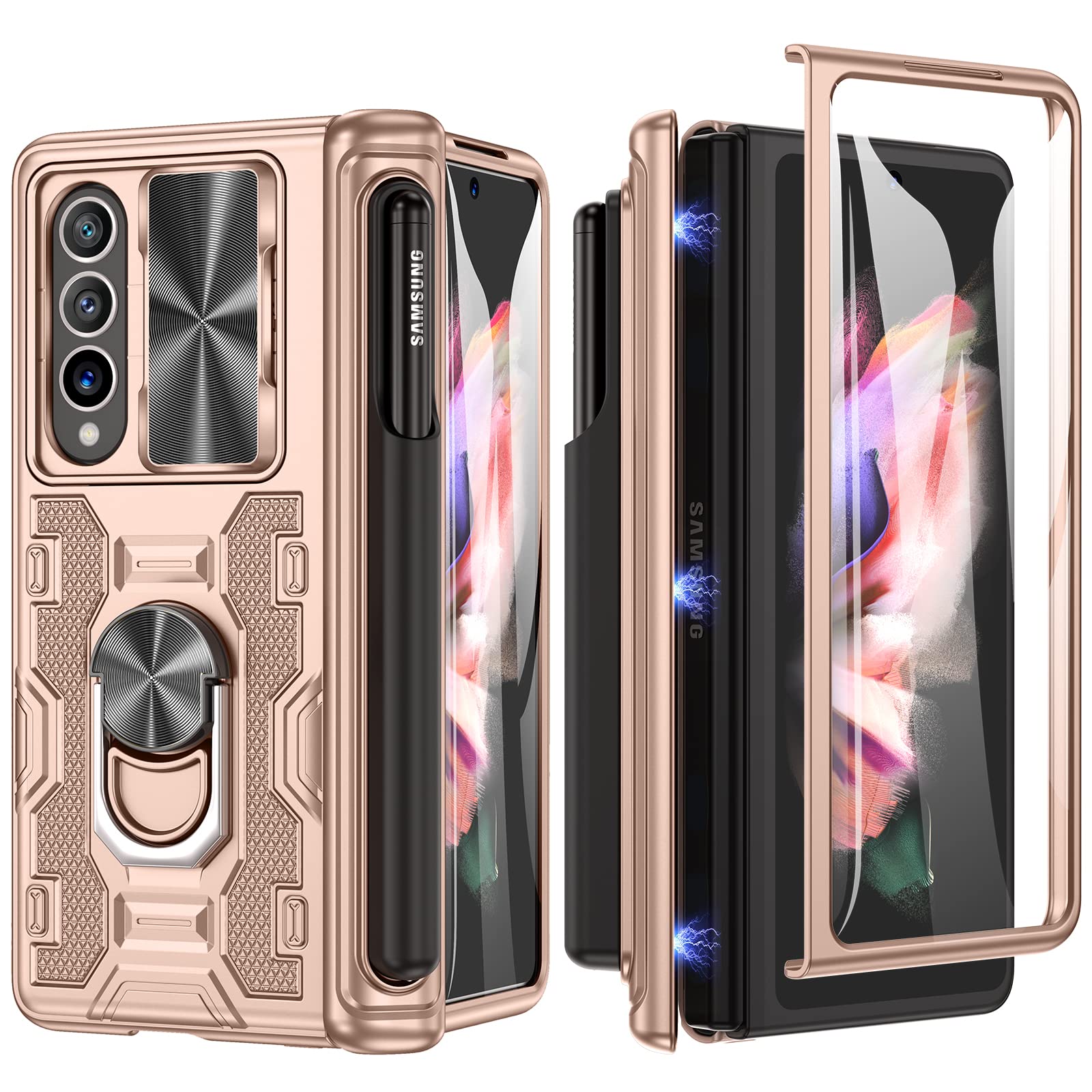 Maxdarafor Z Fold 3 Case with Pen Holder and Hinge Protection, Slide Camera Cover +Tempered Glass Screen Protector + Kickstand(Rose Gold)