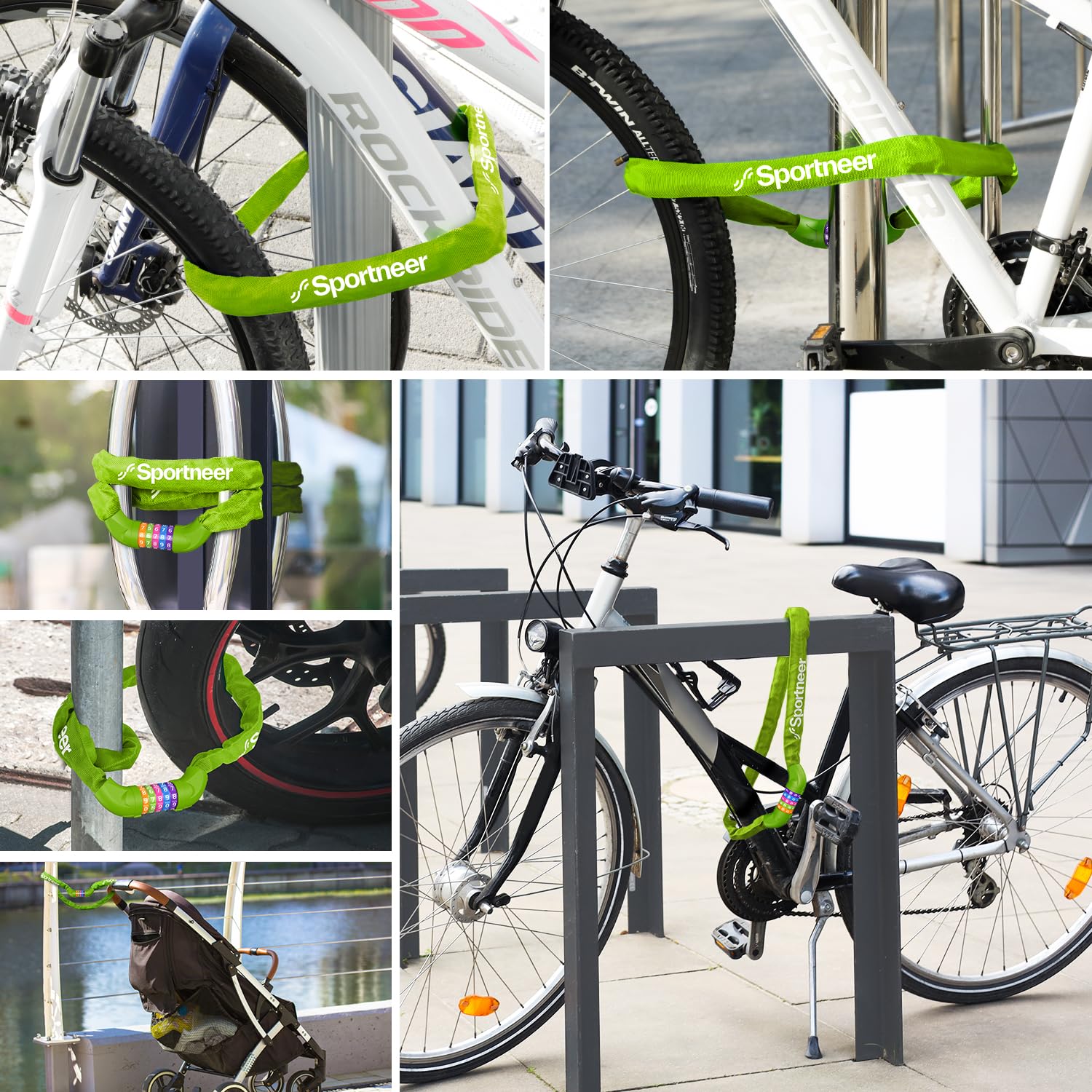 Sportneer Lucchetto per bicicletta, a combinazione con numeri e alto livello di sicurezza, a 5 cifre, con catena in acciaio temprato, 6 mm x 100/110/120 cm