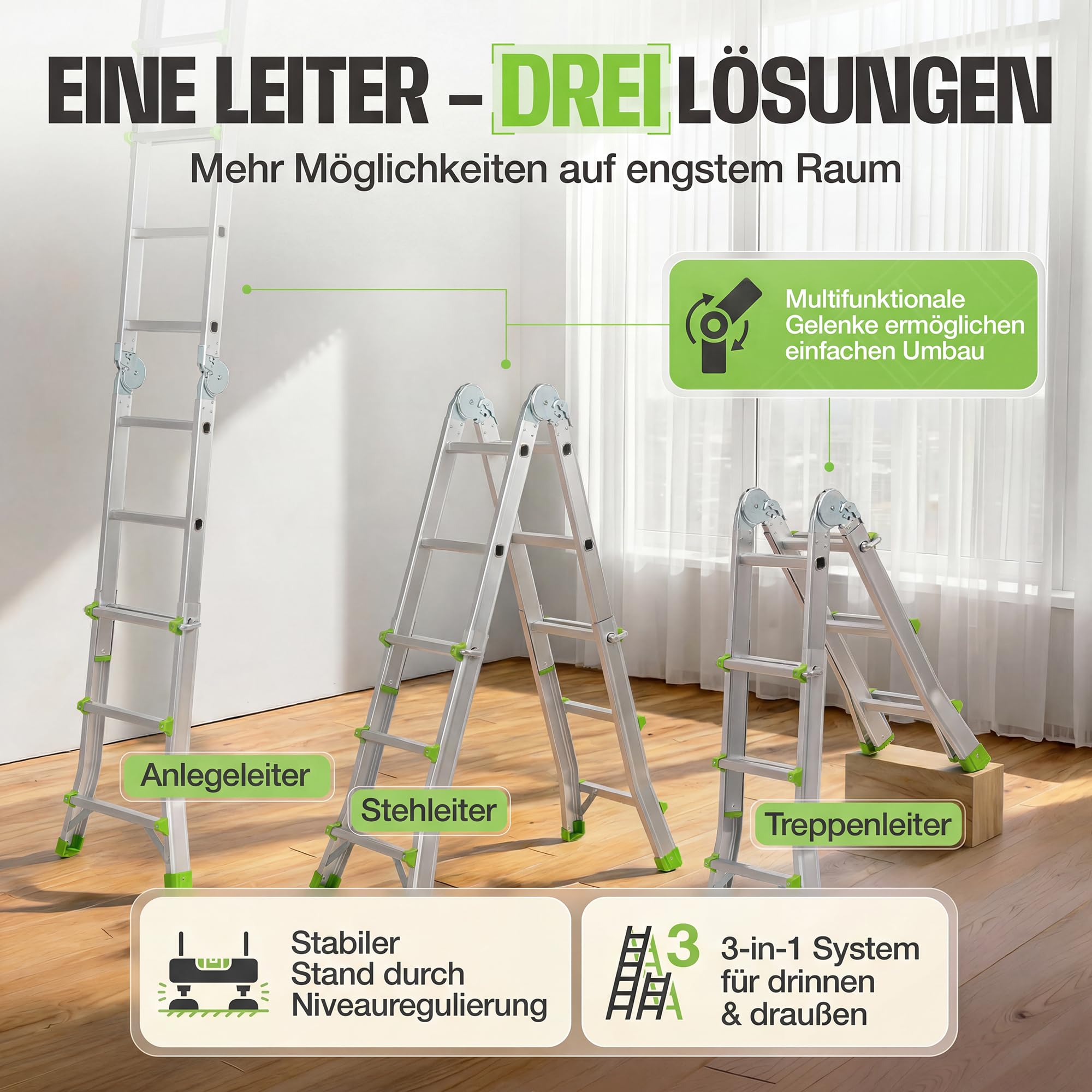 Mehrzweckleiter HomeFlex 4x3 Aluminium [3-in-1] ausziehbare Klappleiter & Teleskopleiter | Stehleiter, Anlegeleiter und Treppenleiter | Ultrakompakt 94 cm nur 8,5 kg bis 286 cm