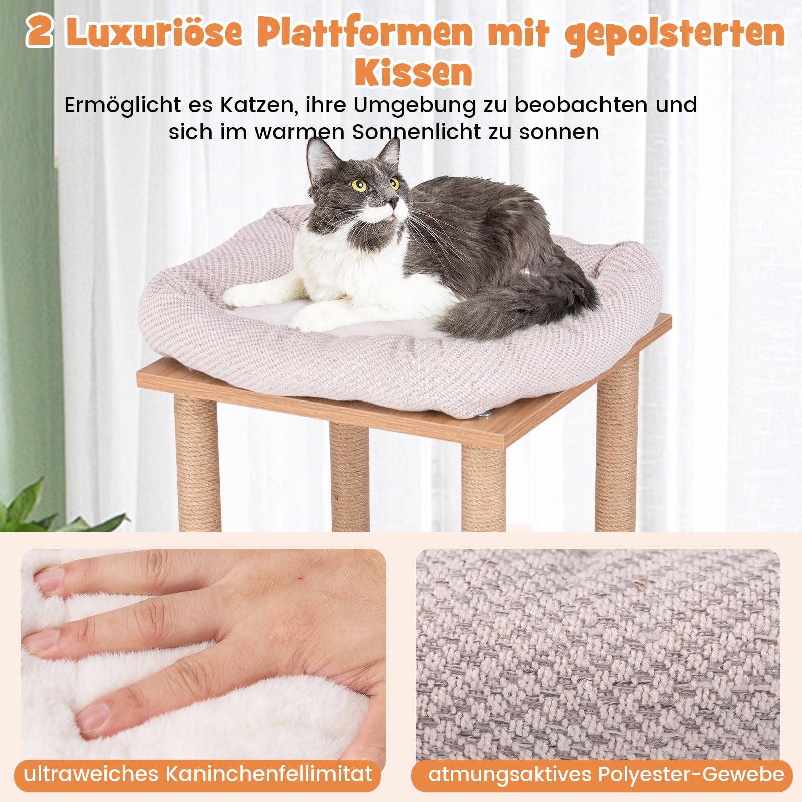 GYMAX Rascador de 120 cm, centro de actividades con casa para gatos de 2 pisos y 2 plazas de lujo con cojín acolchado, árbol para gatos con columnas de sisal natural, color natural
