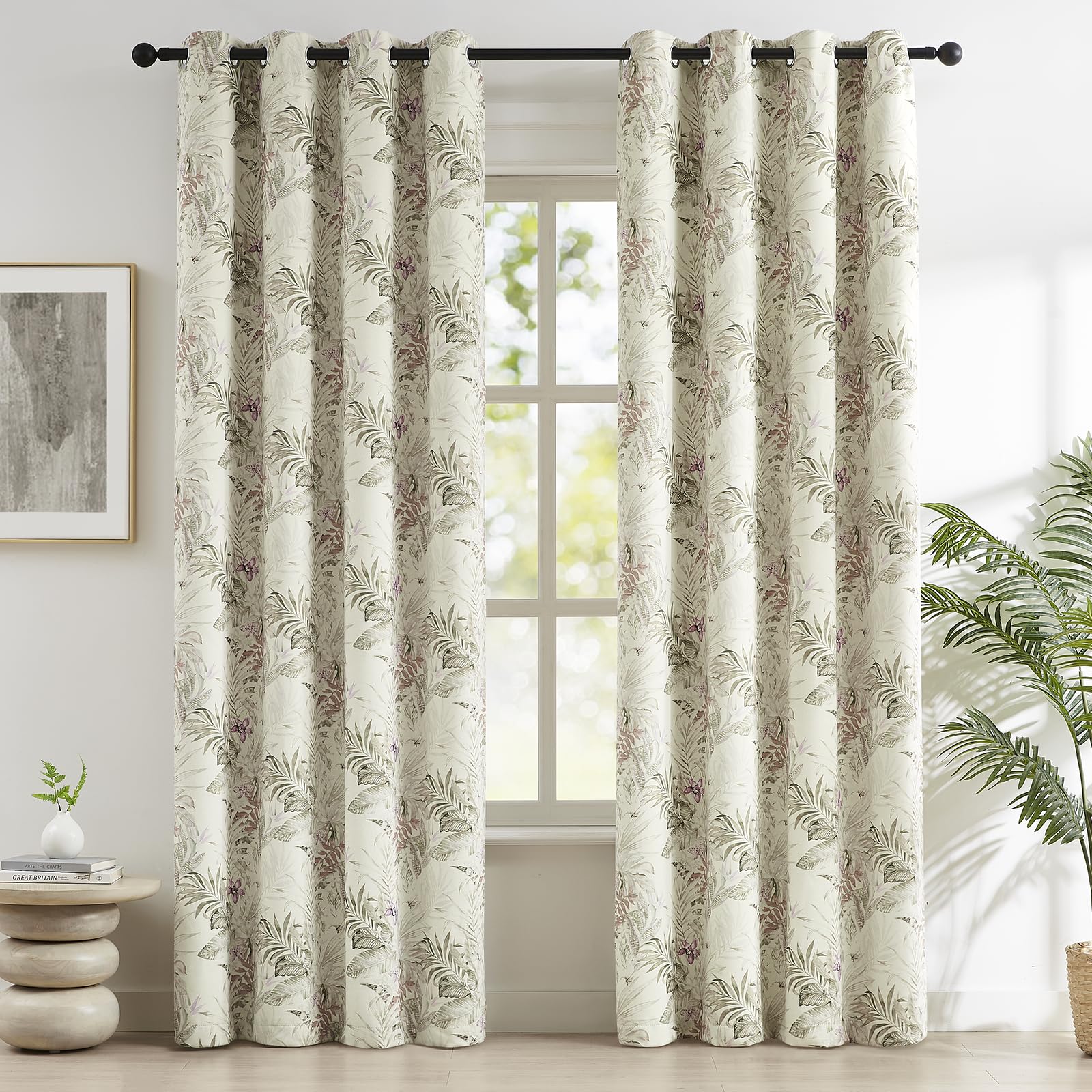 Melodieux Blackout Floral Cotton Grommet Curtains 52x84 Beige 2 Panels