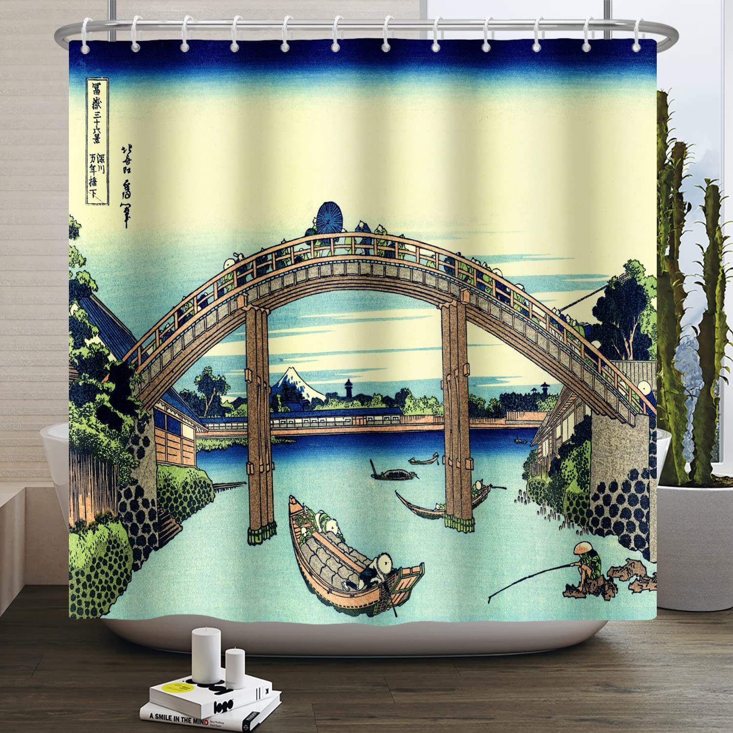 SDOTPMT 72x72inch Ukiyo-e Japanese Vintage Bridge Mount Fuji Scenery Shower Curtain Orient Traditional Ethnic Anime Bath Curtain Kanagawa Natural Shower Curtain for Bathroom Polyester with Hooks - Image 3