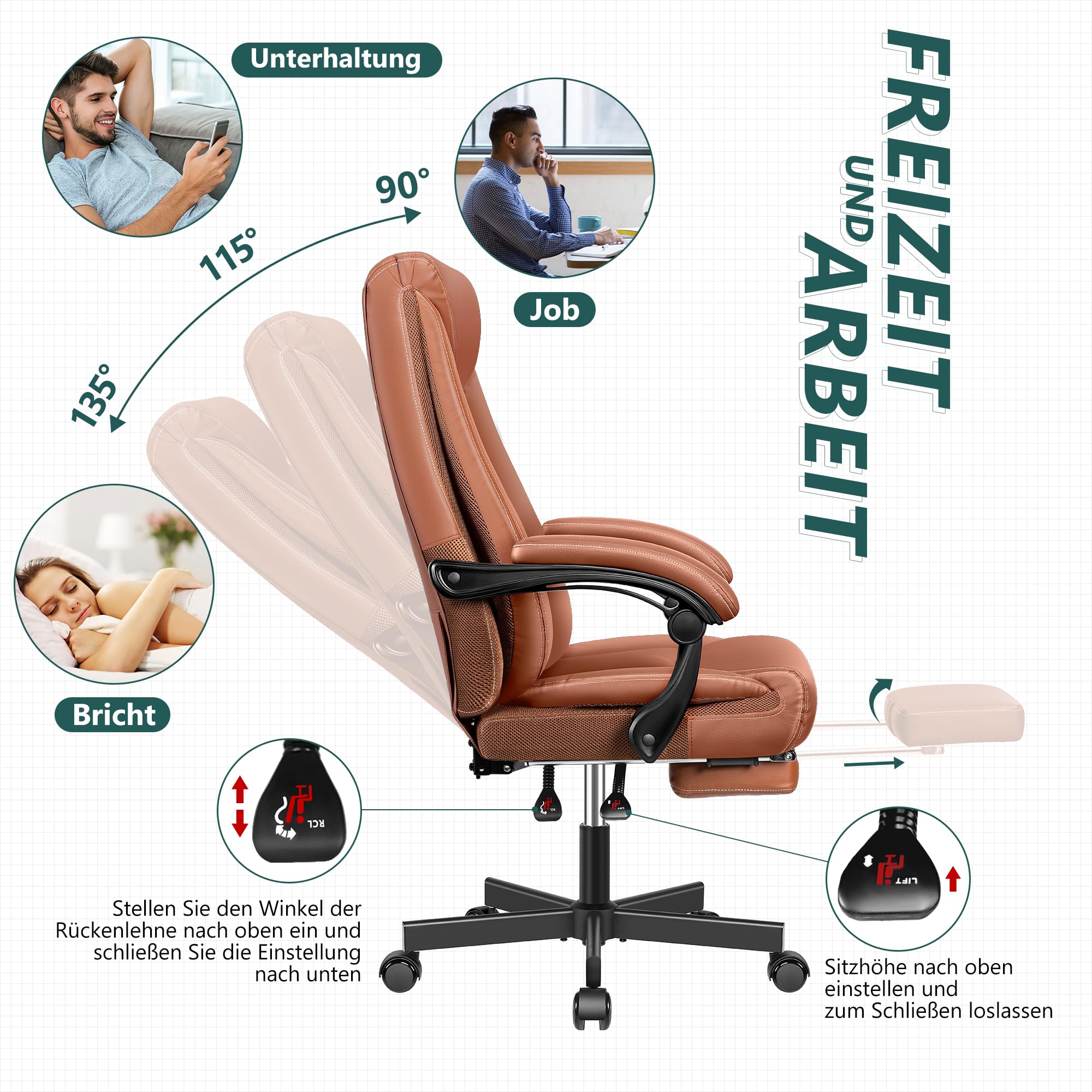 Chefsessel Breiter Bürostuhl ergonomischer Schreibtischstuhl hohe Rückenlehne 150KG mit Fußstütze Office Chair aus PU-Leder, Braun