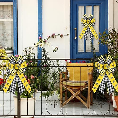 Miniatura 7 de 2 lazos de abejorros para corona, lazos de corona de abejorros amarillos, lazos de arpillera amarillos, lazos de vacaciones de primavera, lazos de