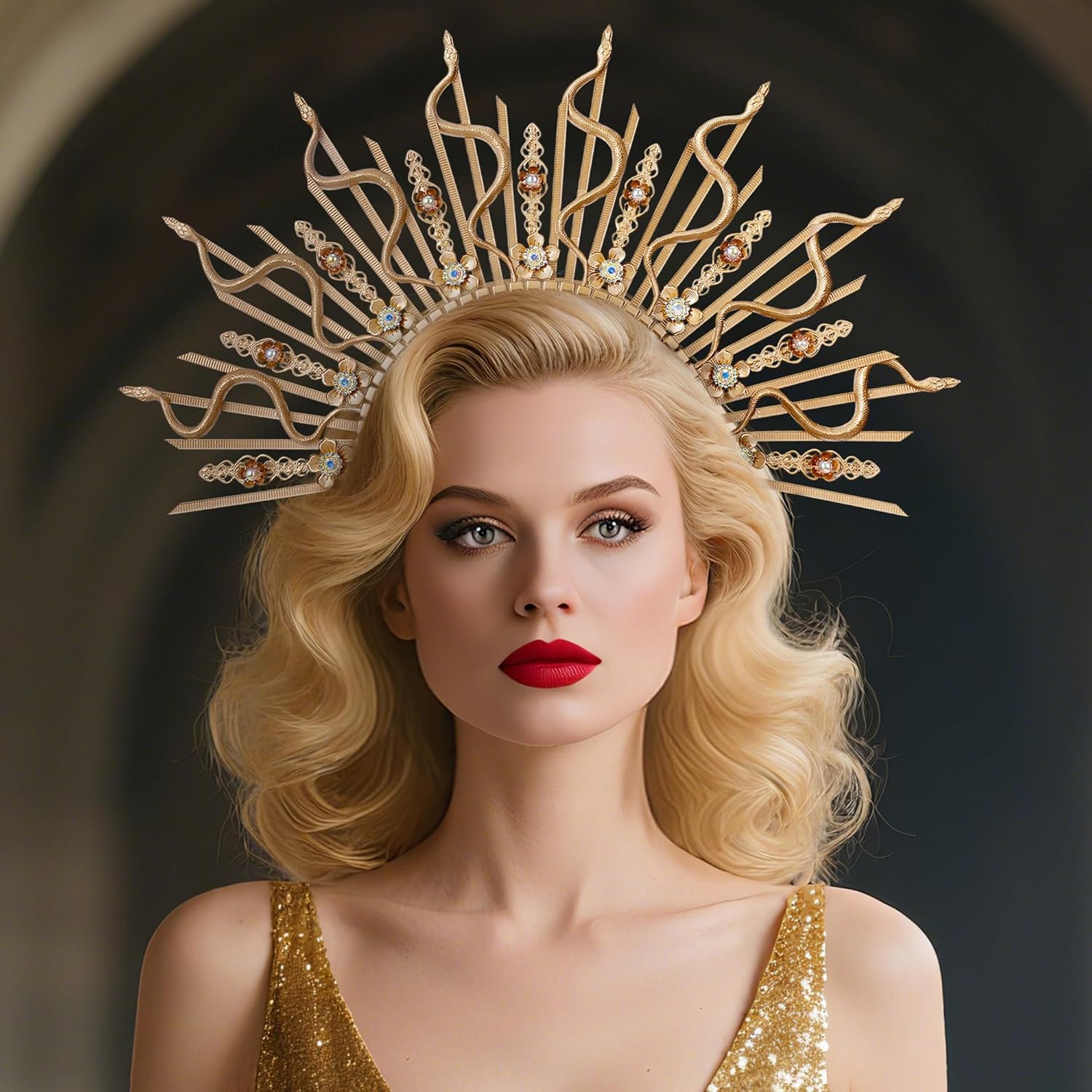 Medusa Snake Halo Crown - Gold Sunburst Spiked Renfaire Sun Halo Headband with Flower Rhinestones, Greek Goddess Virgin Mary Headpiece for Women Renaissance Halloween Cosplay Renfaire Costume - Image 3