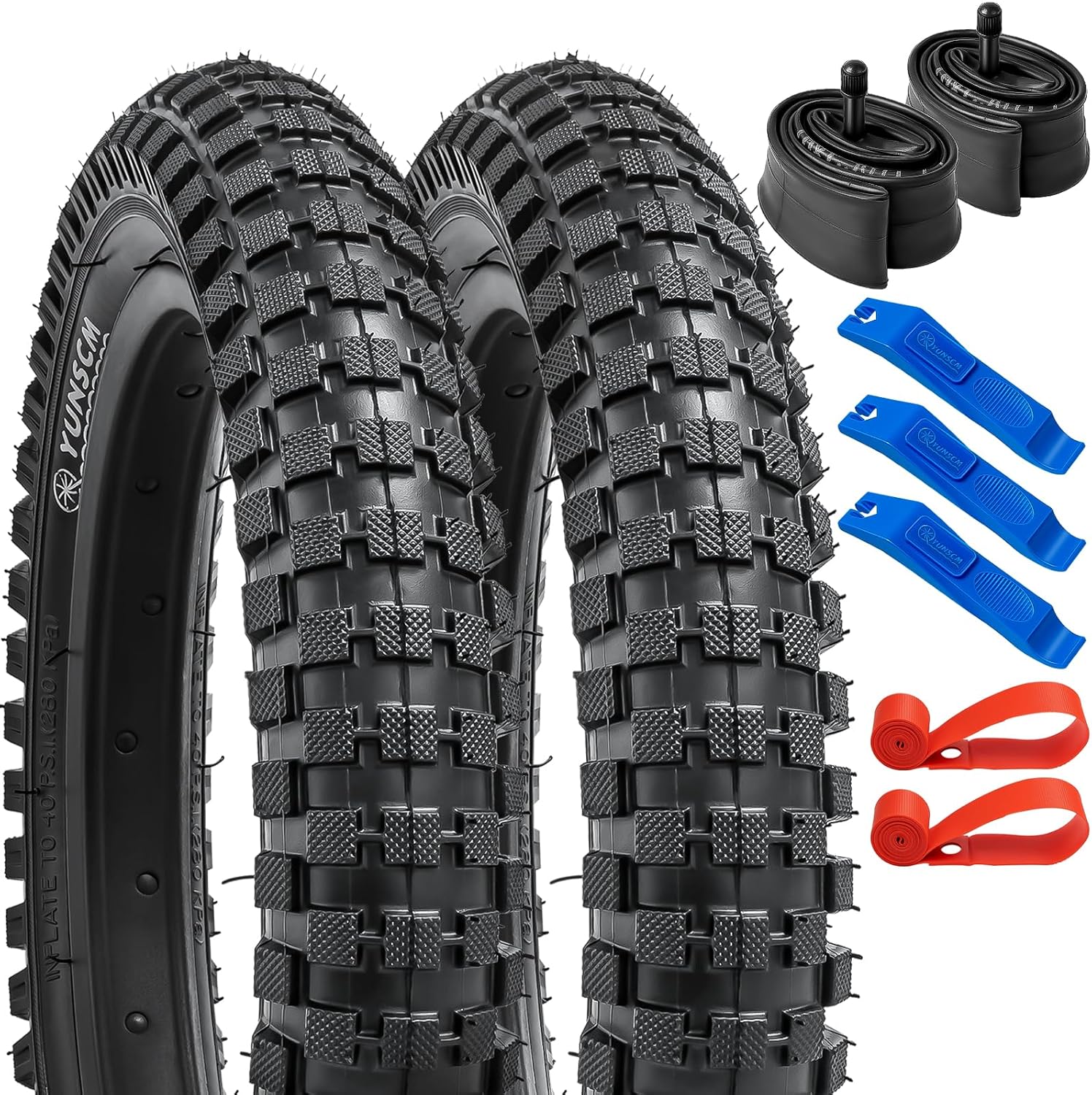 YUNSCM 2-PCS 14" Bike Tires 14x2.4/64-254 60TPI and 14" Heavy Duty Bike Tubes Schrader Valve with 2 Rim Strips Compatible with Mountain Bike 14 x 2.35 14 x 2.40 Bicycle Tires and Tubes (YN-1114)