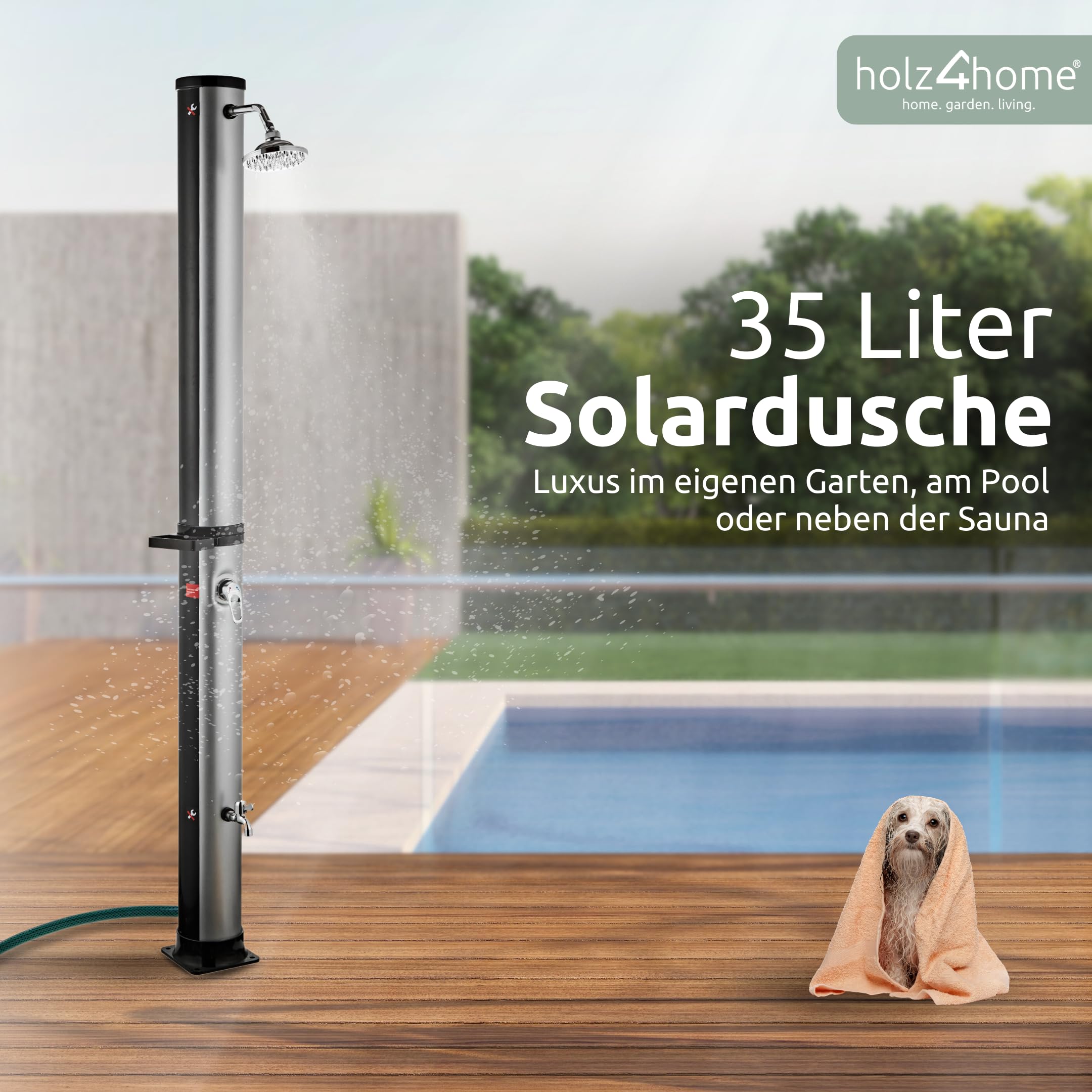 holz4home® Solardusche Gartendusche I Aussendusche mit Warmwasser bis 60°C I Outdoordusche für Garten & Pool inkl. Schutzhaube, Wasserhahn und Seifenablage