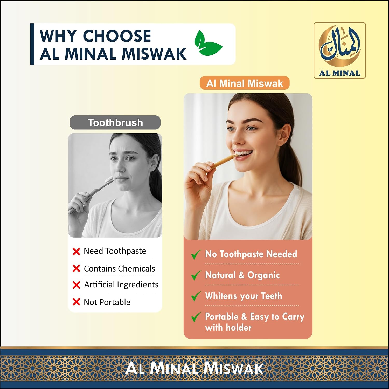 Miswak Sticks for Teeth, 6 Pcs with 2 Holders, Natural Sewak Vacuum Sealed