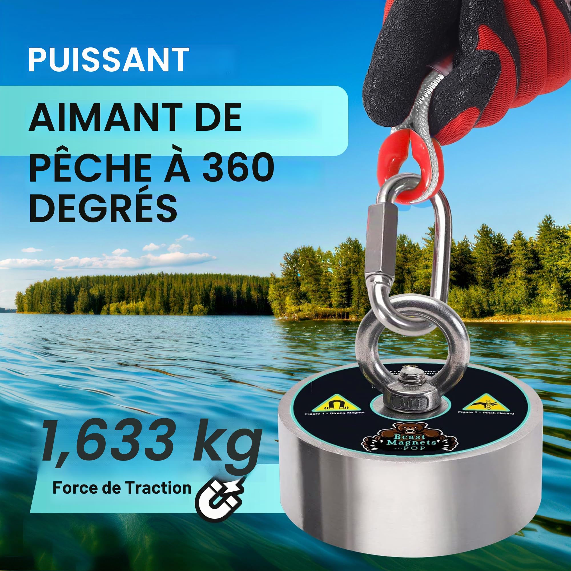 Aimant puissant de 1632,9 kg - Aimant de pêche à 360 degrés - Pour la pêche à l'aimant, le sauvetage et la chasse au trésor